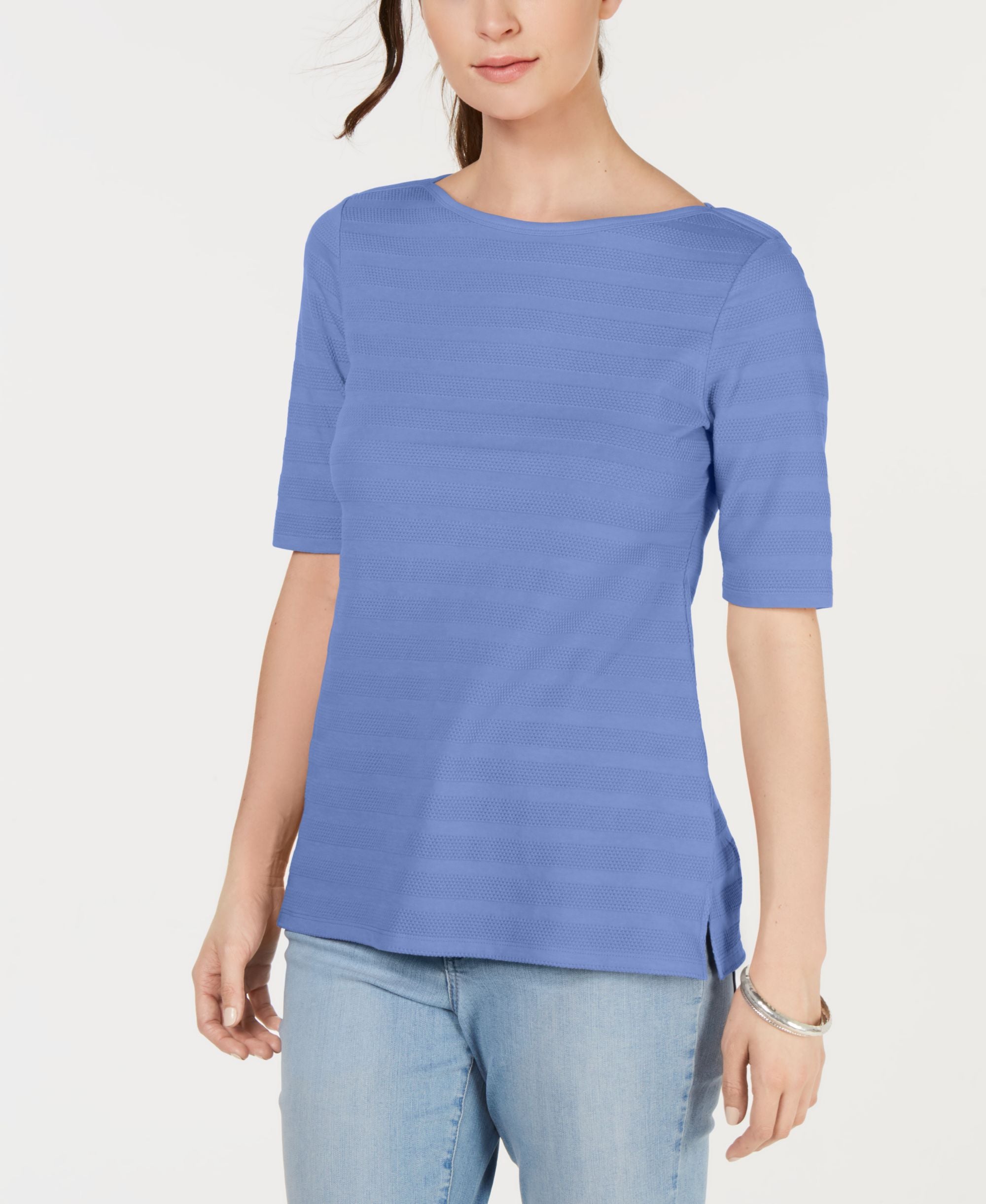 Cotton Texture-Striped Elbow-Sleeve Top