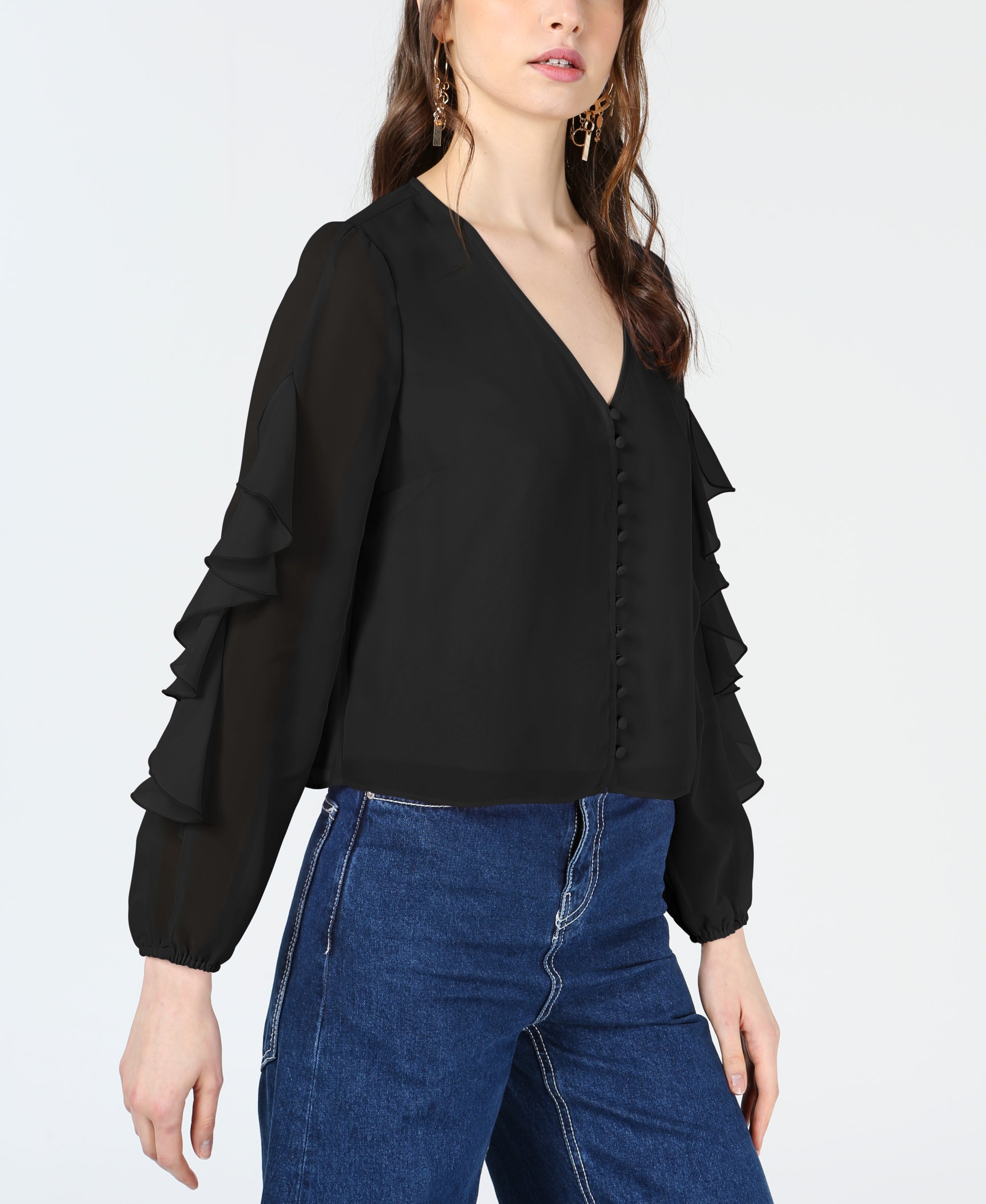 Ruffle-Sleeve Button-Up Top