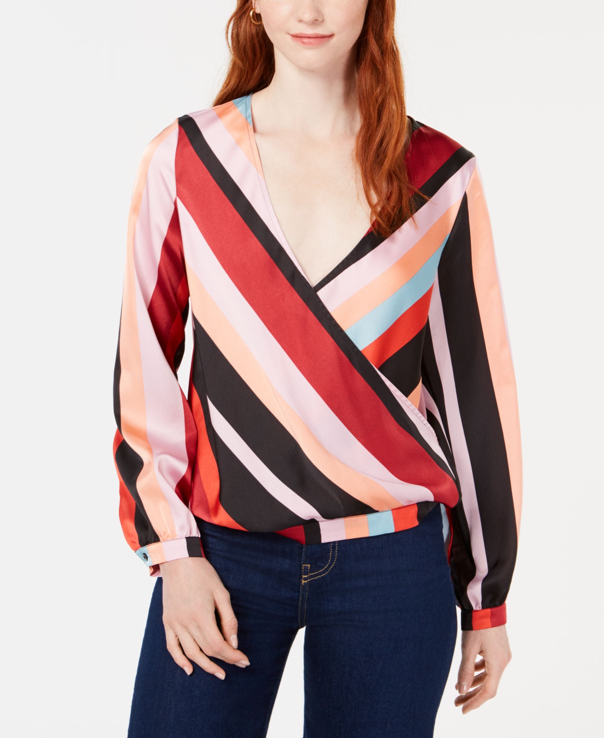 Bar III Striped Surplice Blouse