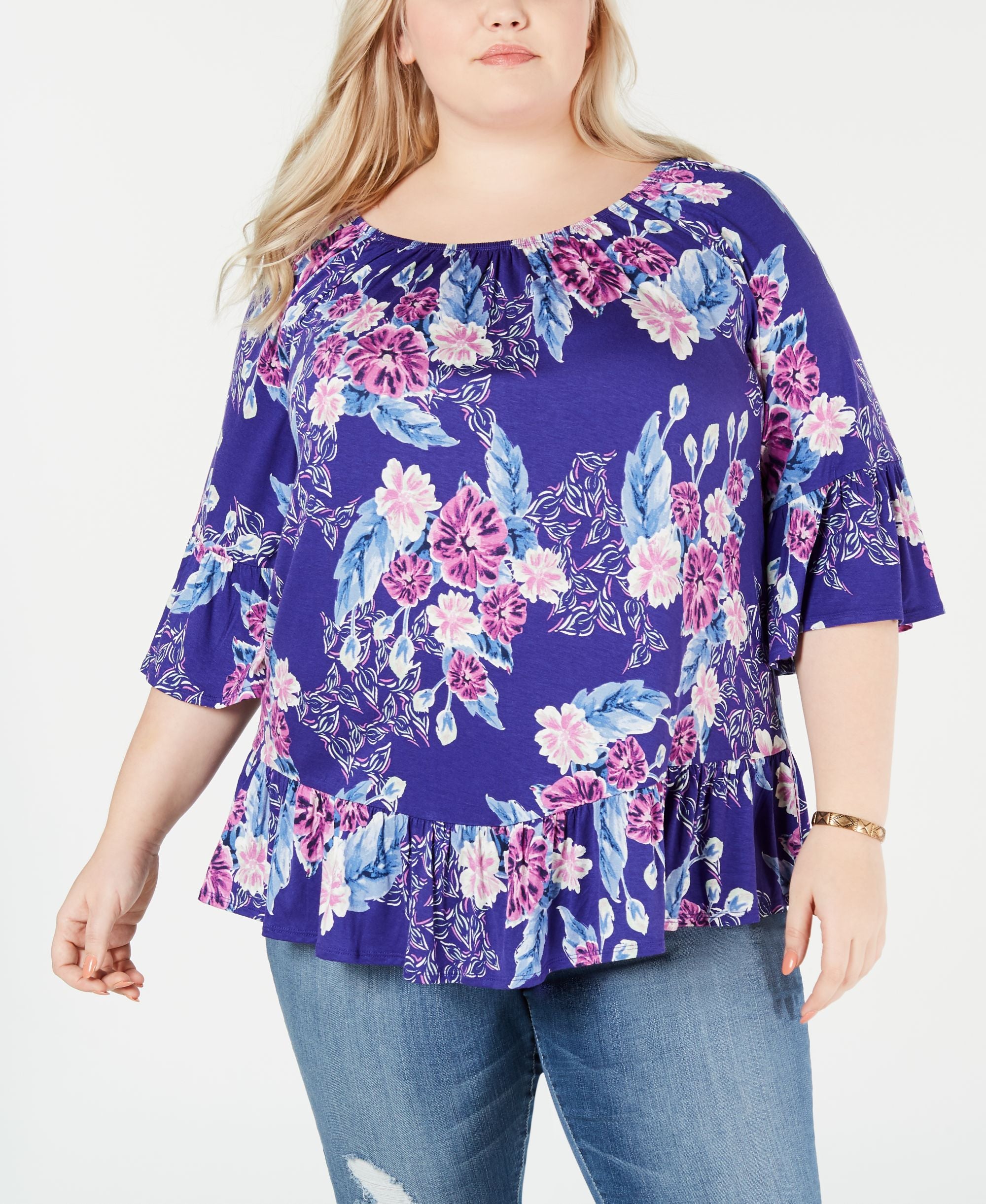 Style & Co Plus Size Printed Off The Shoulder Top