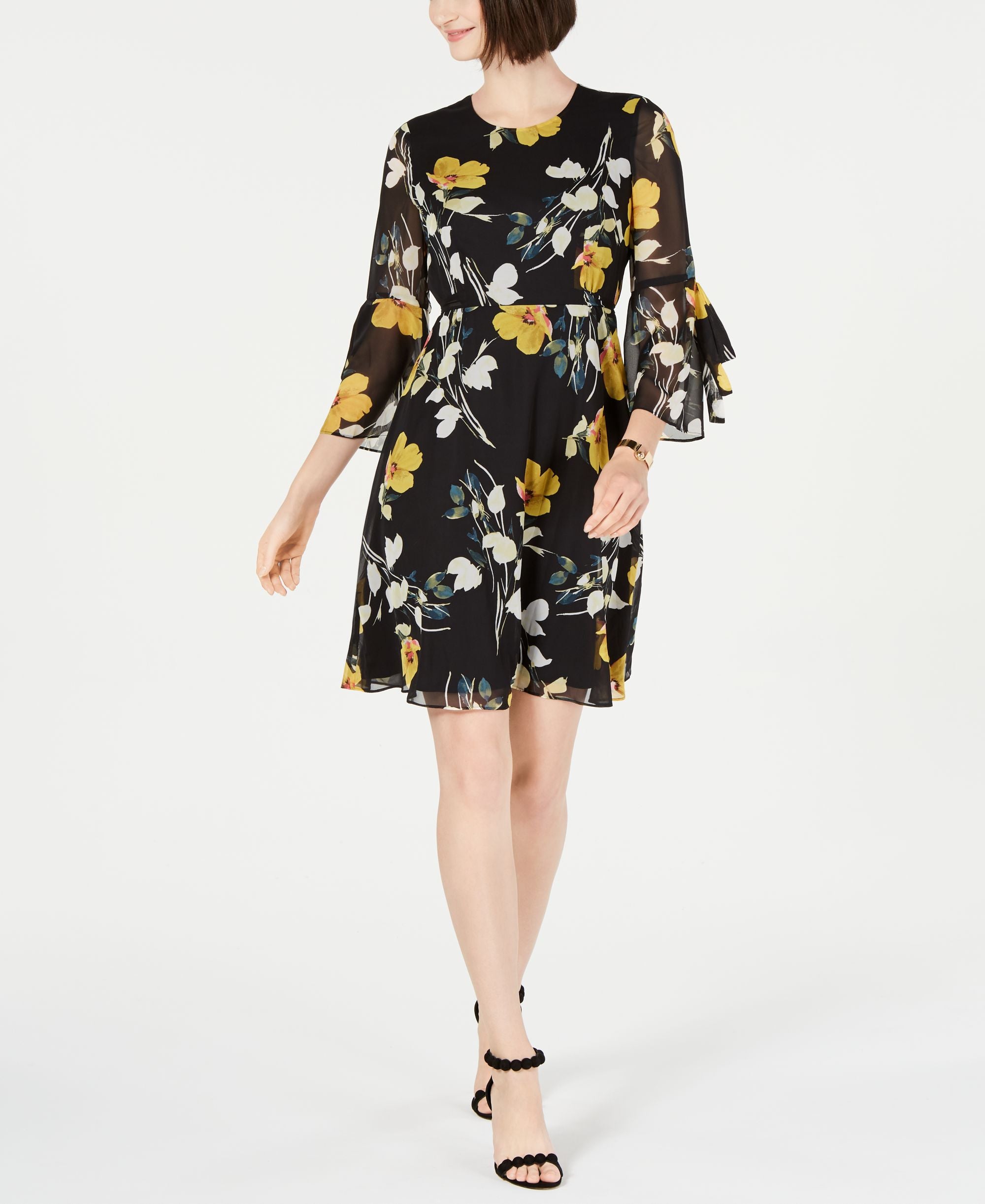 Inc Floral-Print Bell-Sleeve Dress Black/Sunbeam 10