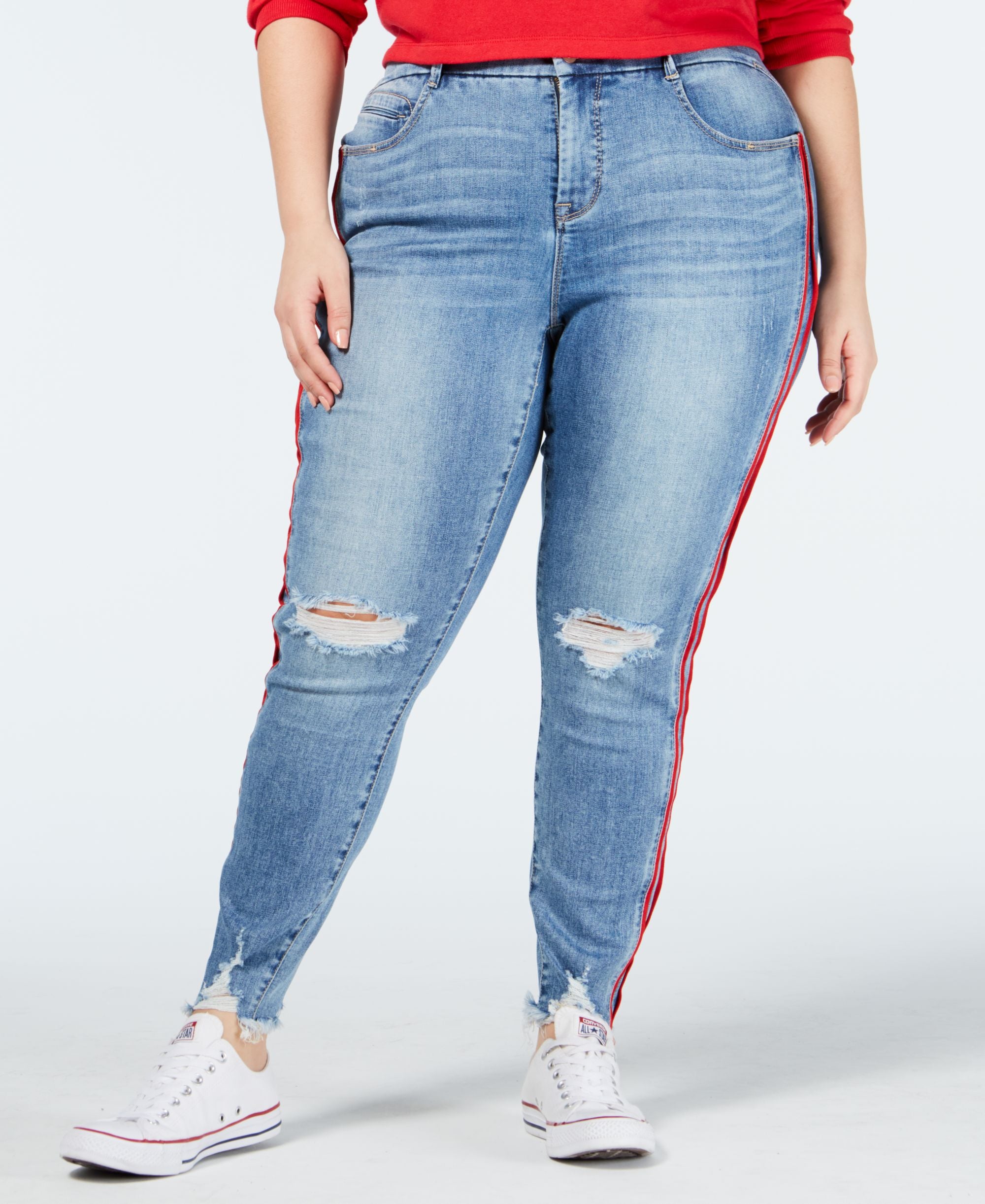 Plus Size Ripped Side-Striped Skinny Jeans