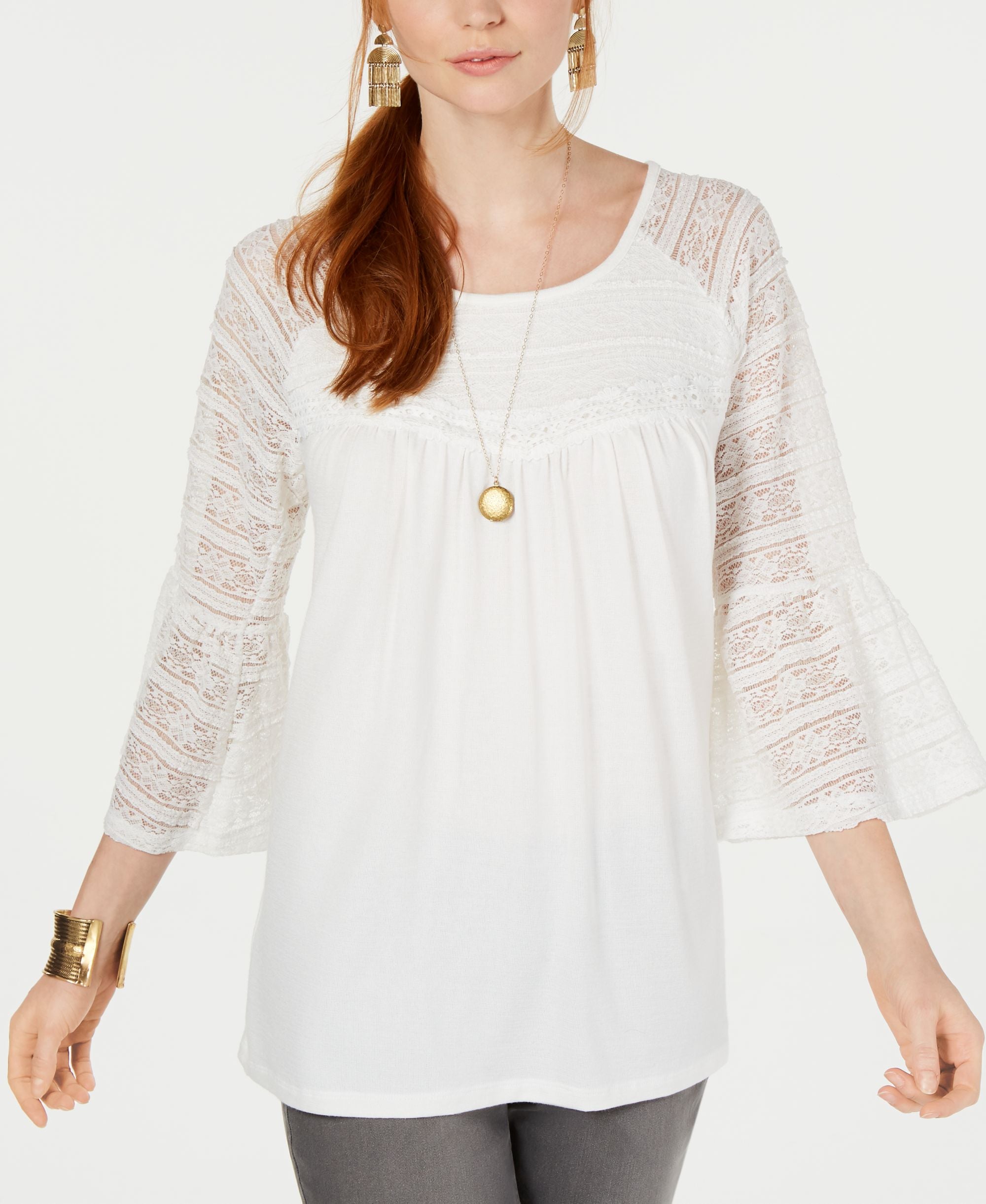 Lace Bell-Sleeve Scoop-Neck Top