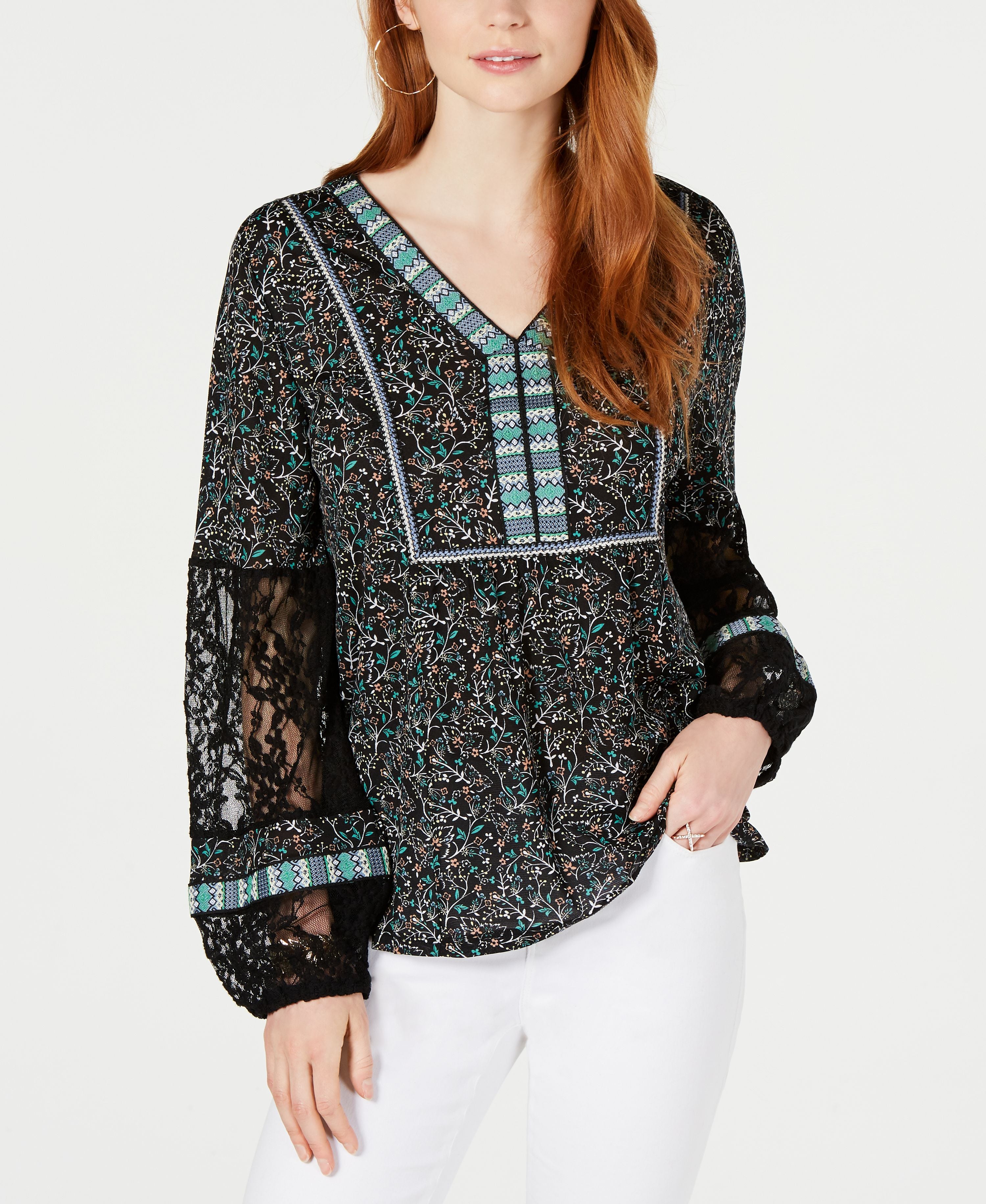 Style & Co Women's Printed V-Neck Lace-Sleeve Top Folk Floral S