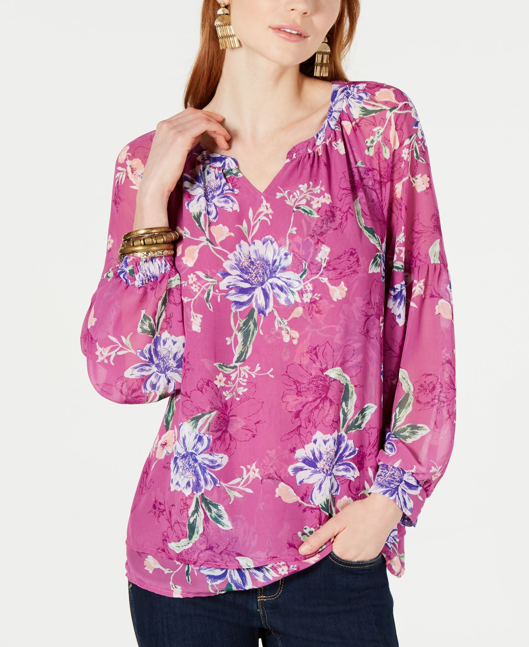 Floral-Print Split-Neck Top