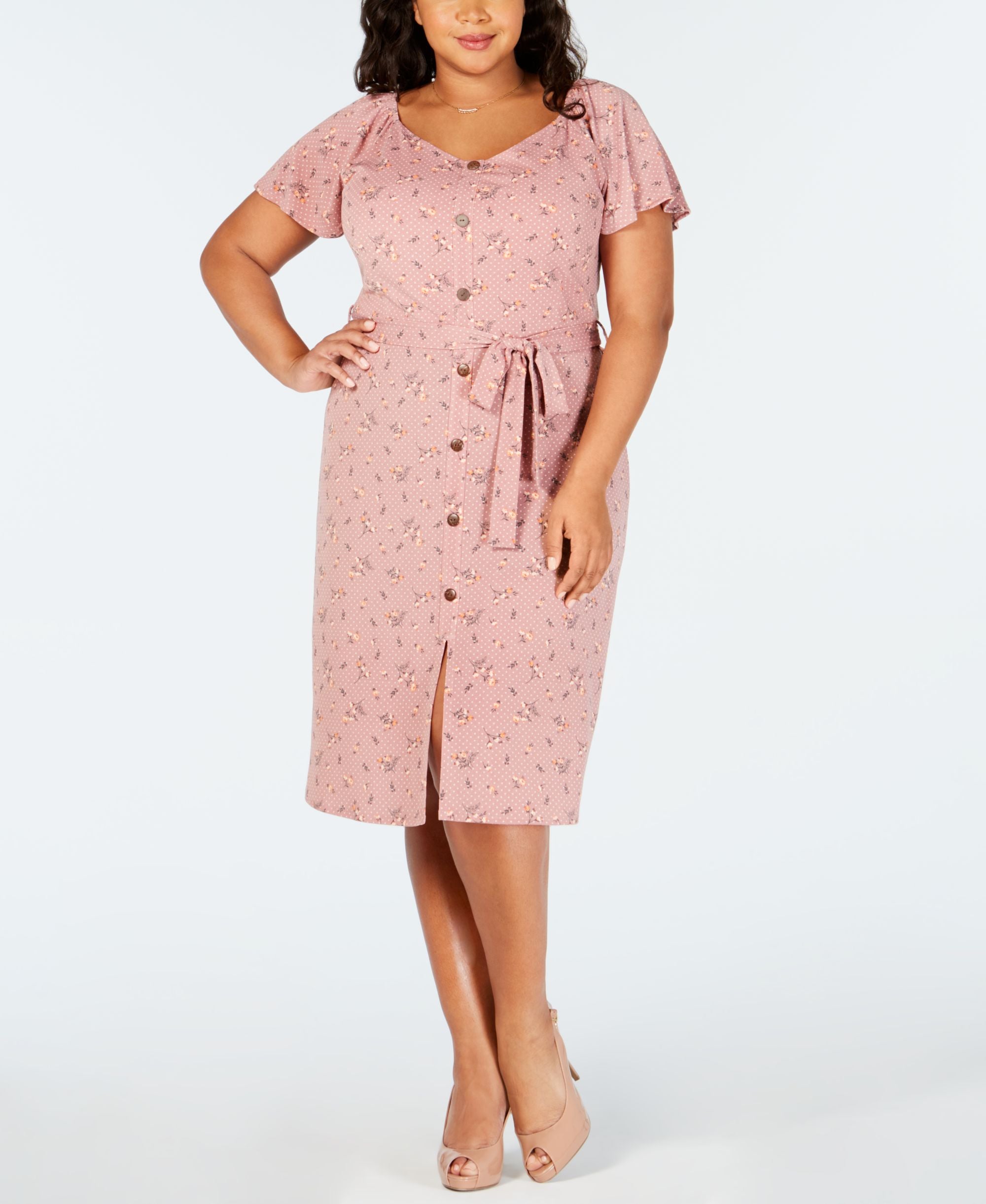 Monteau Trendy Plus Size Printed Sweetheart Neck Shirtdress