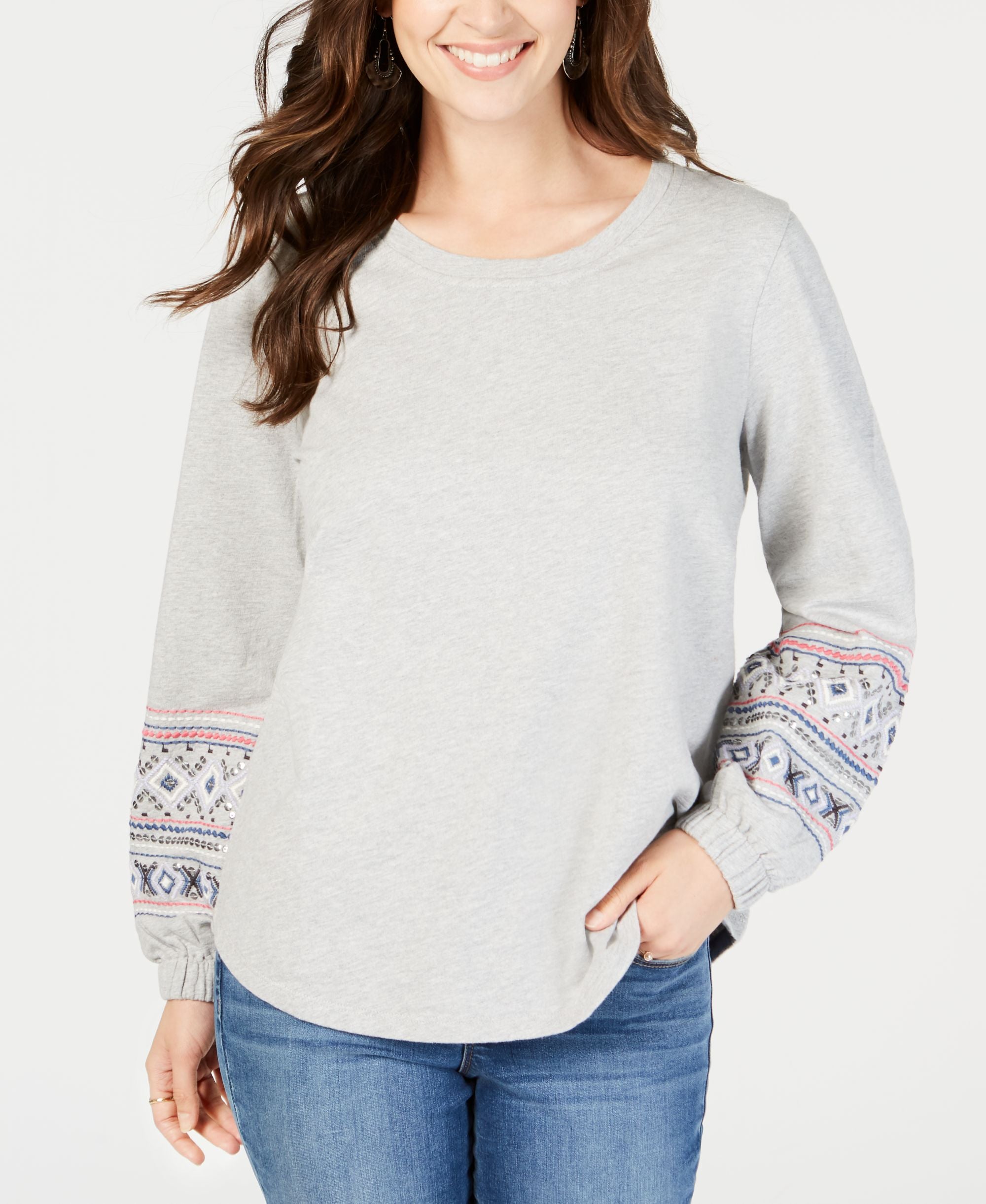 Cotton Embroidered-Sleeve Sweatshirt