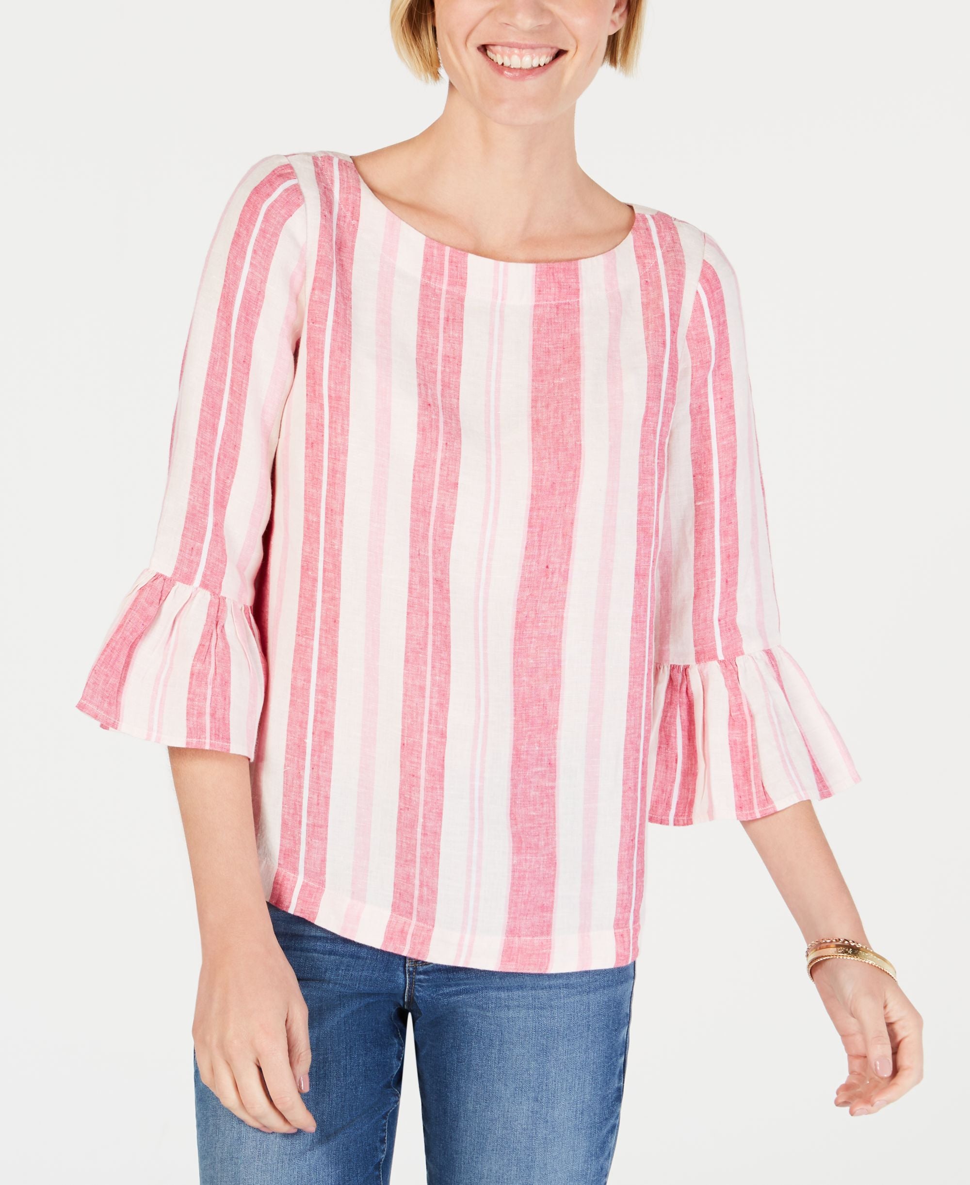 Charter Club Striped Ruffle Sleeve Linen Top Peru Pink Combo L