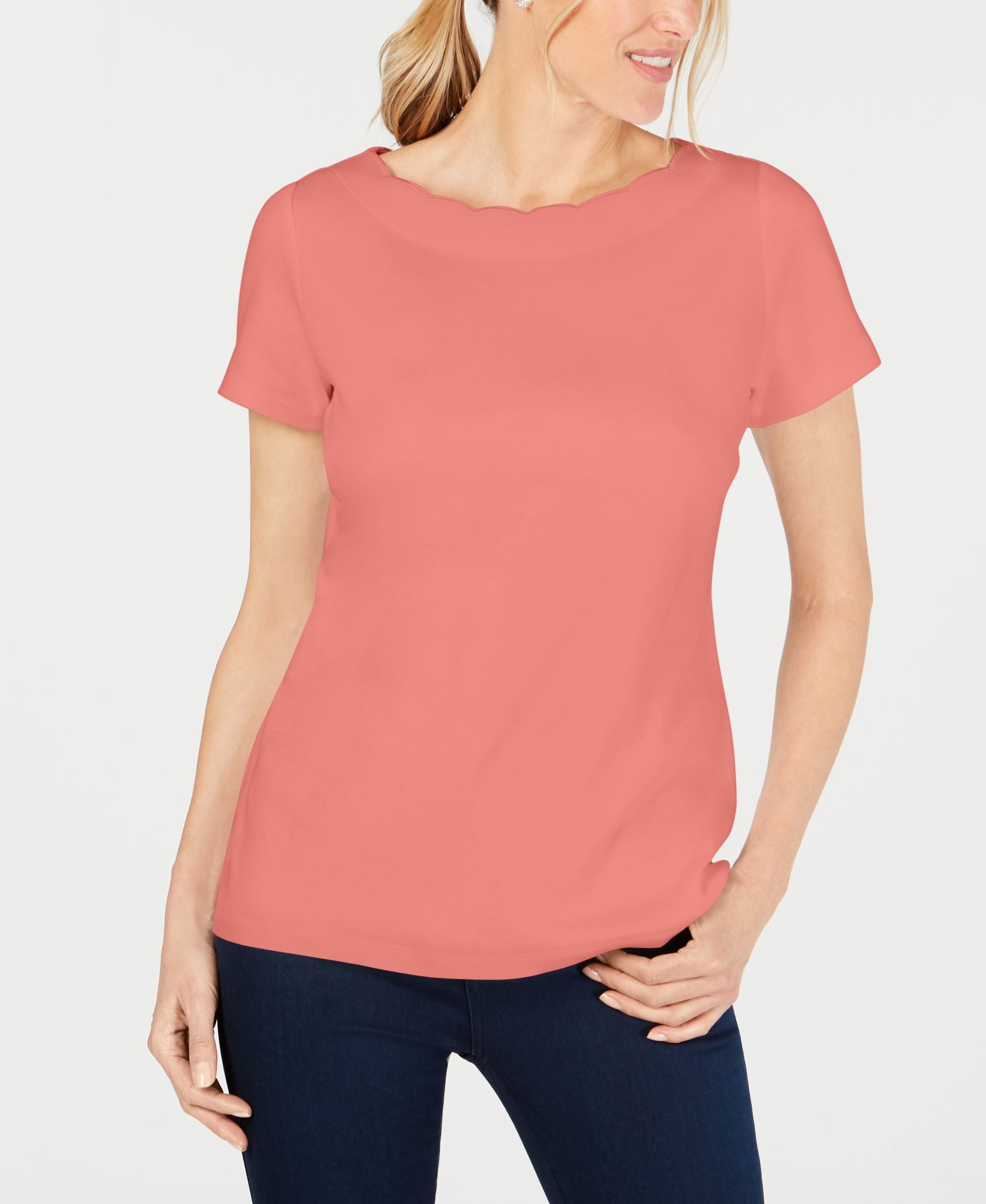 Karen Scott Scallop Neck Cotton Top