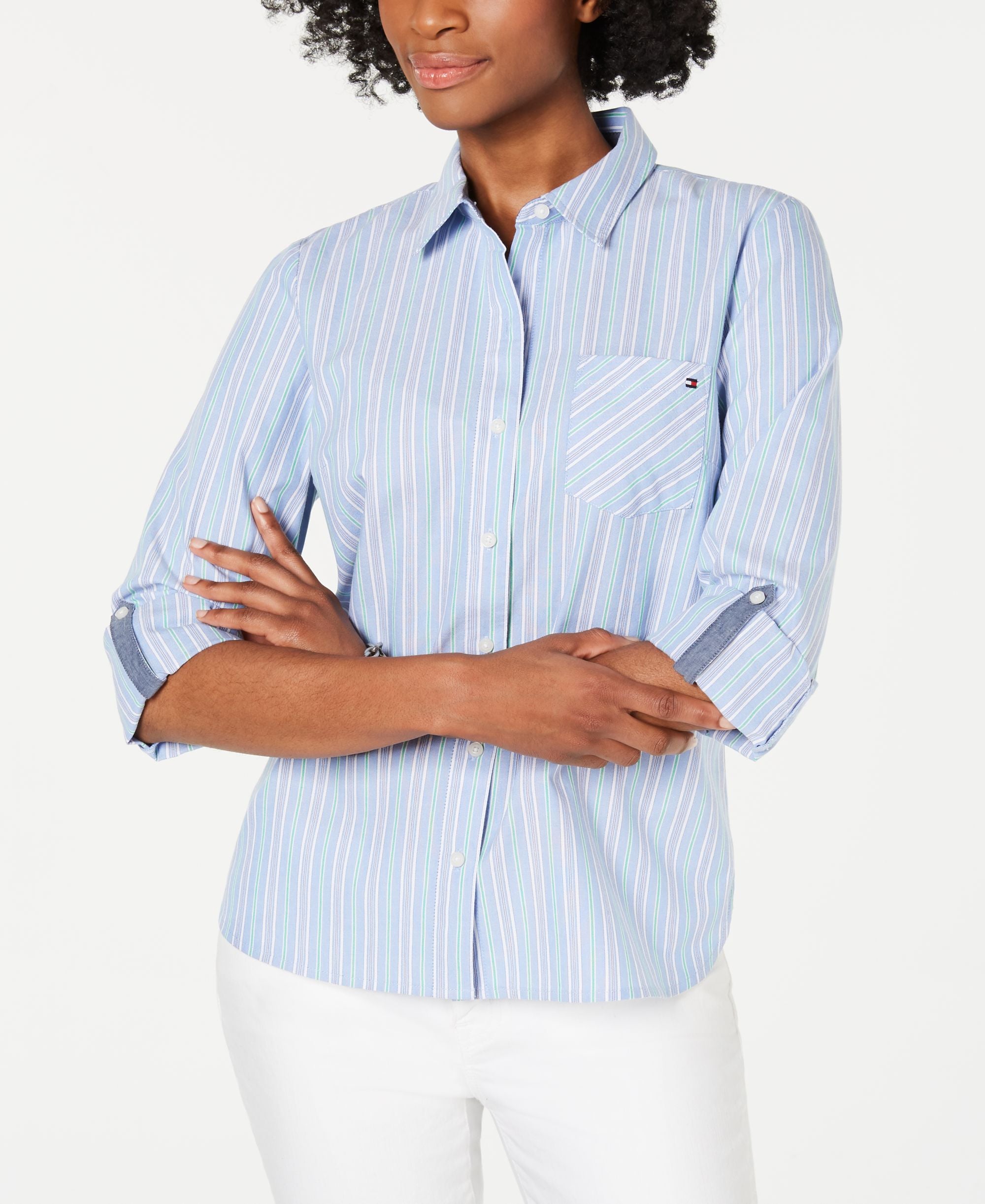 Tommy Hilfiger Cotton Striped Roll Tab Blouse