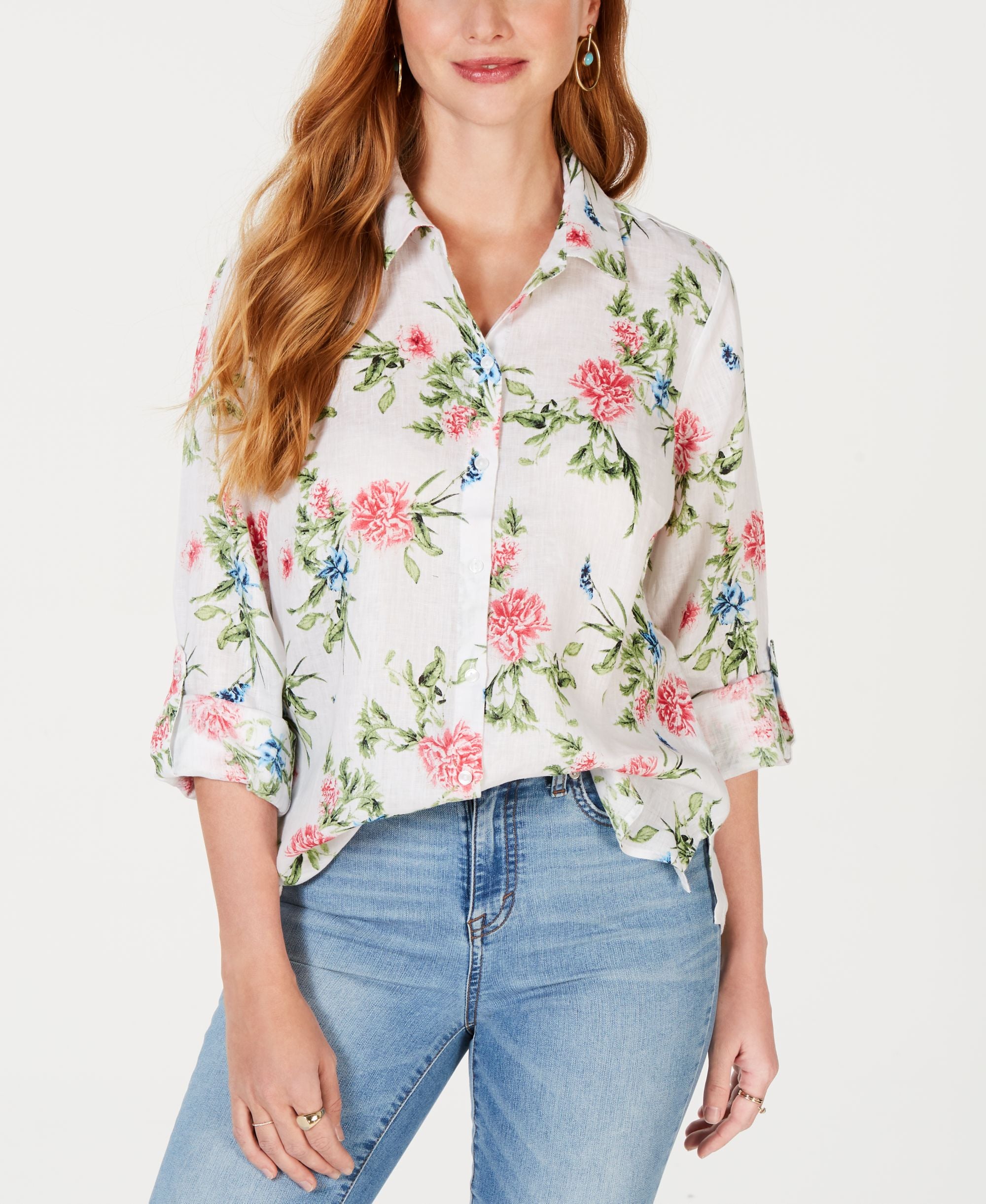 Linen Printed Roll-Tab Blouse