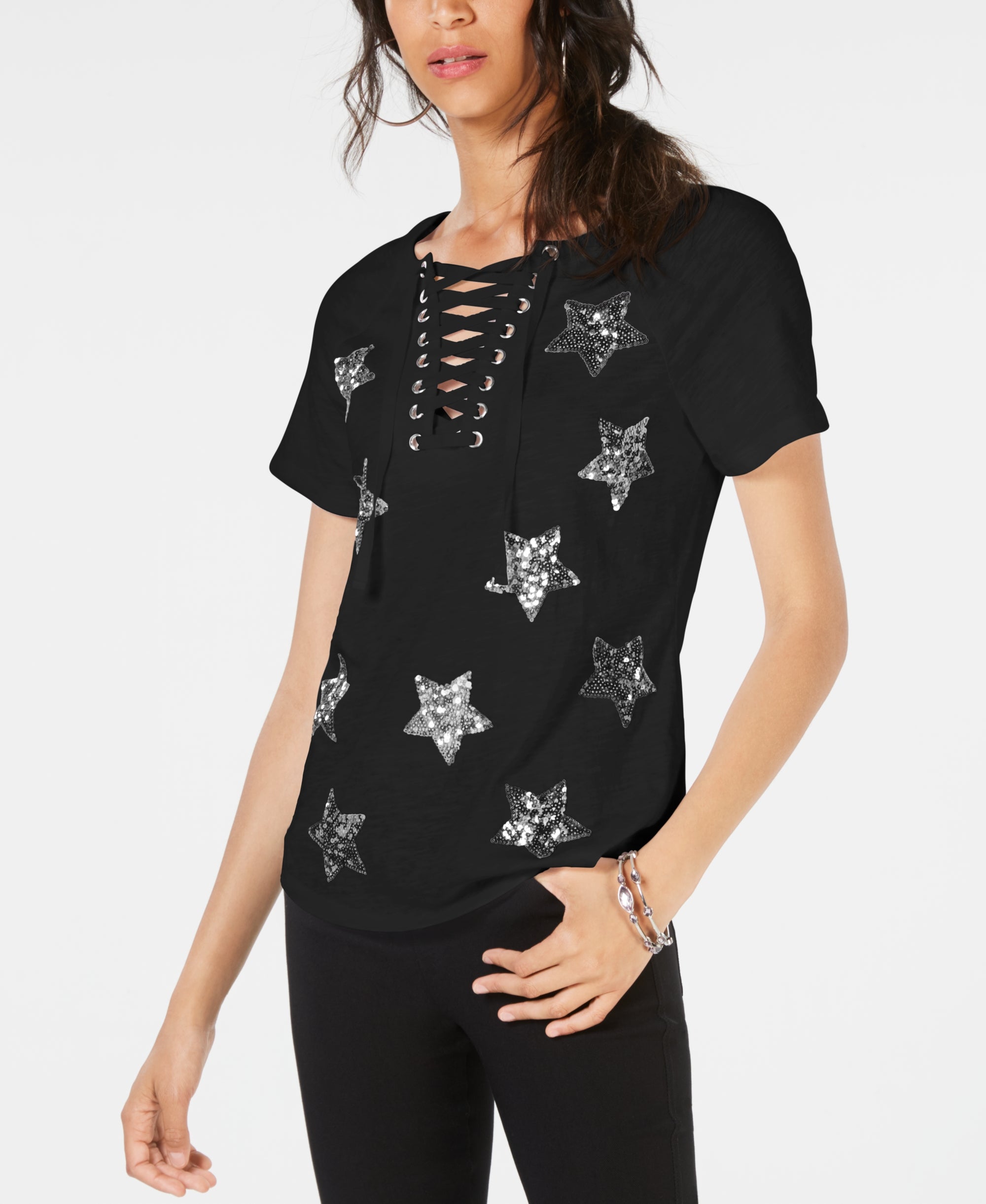 INC Sequin-Star Cotton Lace-Up T-Shirt