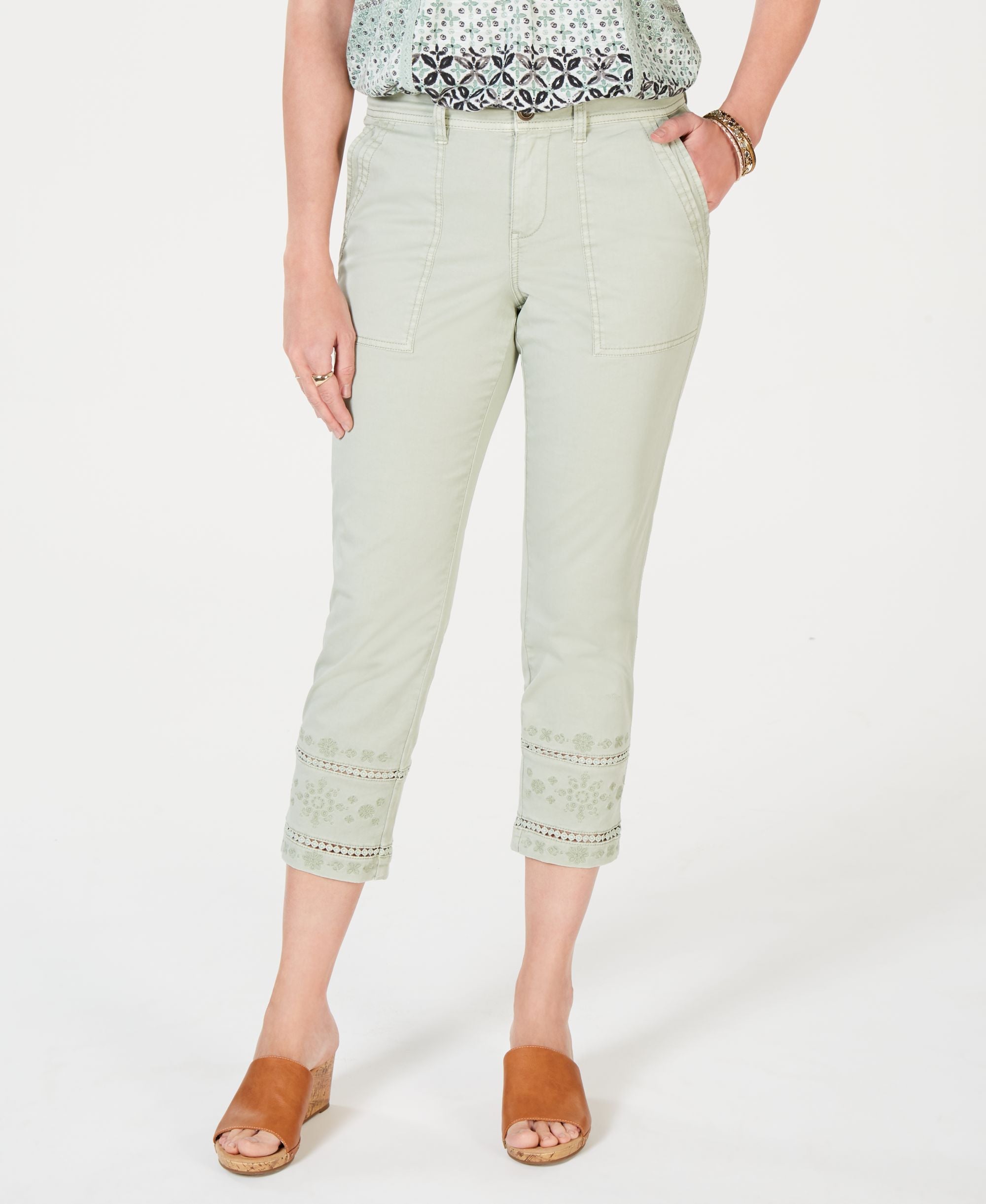 Embroidered-Hem Capri Pants