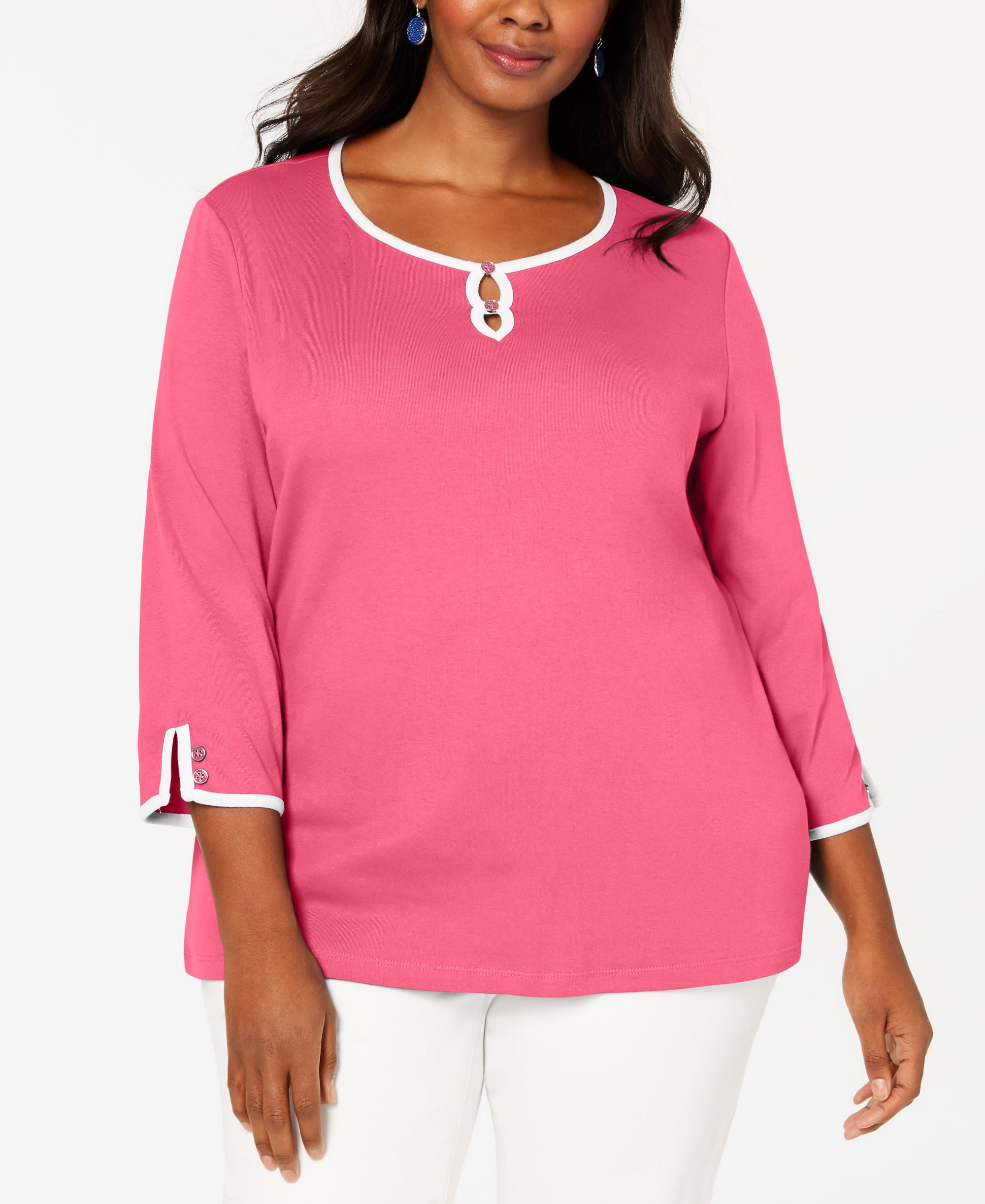 Karen Scott Plus Size Contrast Trim Keyhole Top