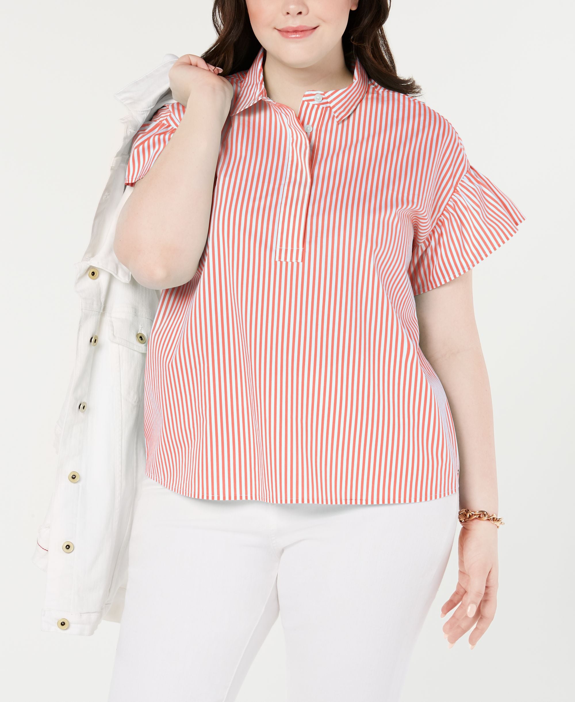 Tommy Hilfiger Plus Size Striped Ruffle Sleeve Top