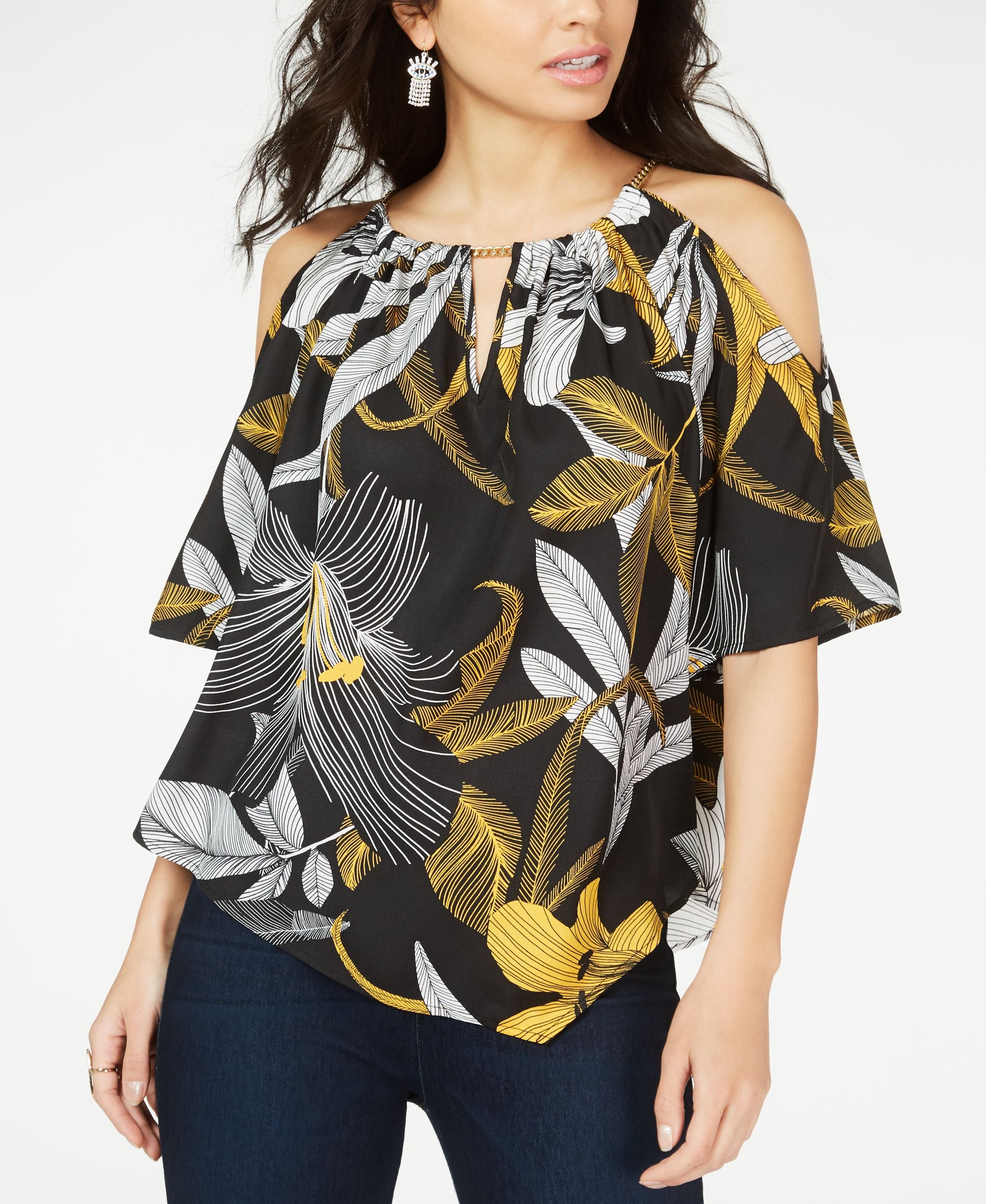 Thalia Sodi Printed Cold Shoulder Top