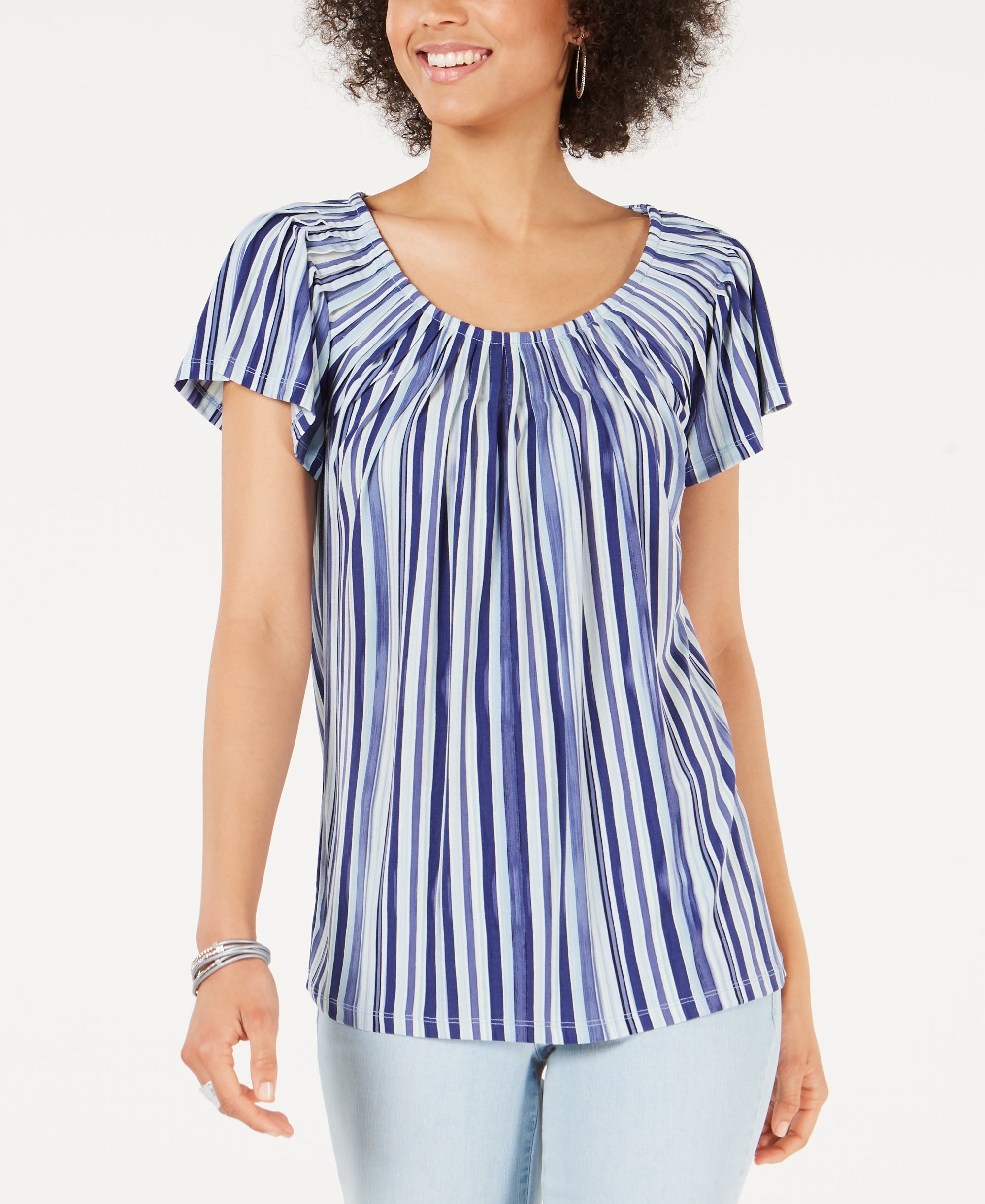 Printed Pleated Scoop-Neck Top