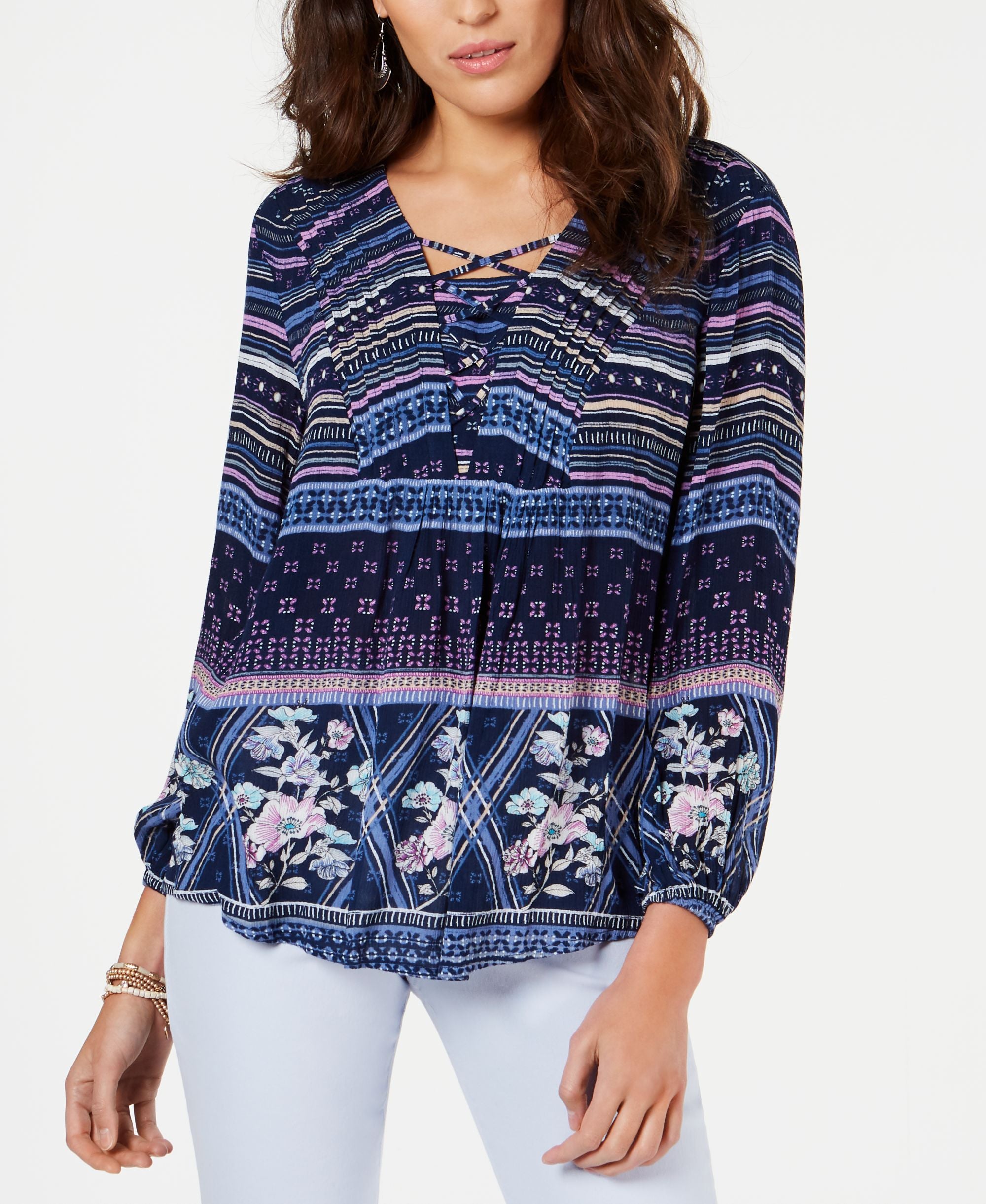 Style & Co Printed Pintucked Lace Up Top