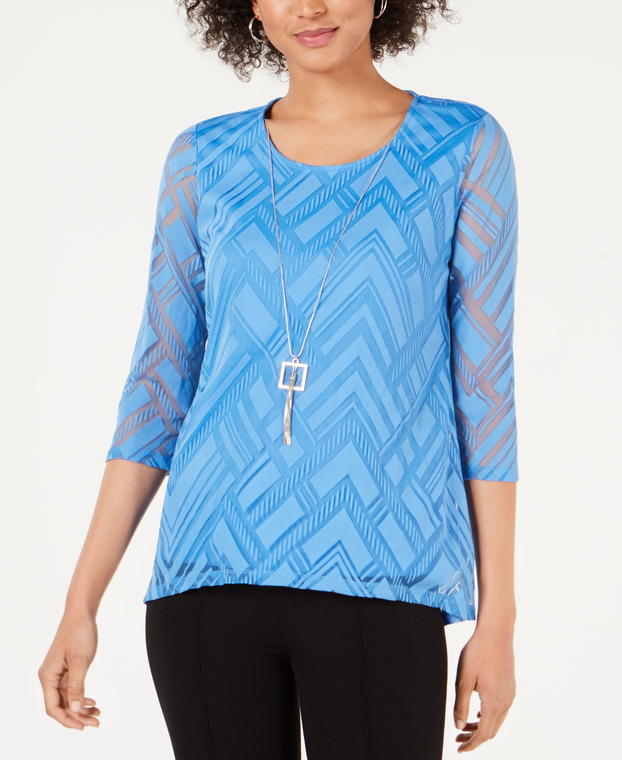 JM Collection Petite Sheer Overlay Removable Necklace Top