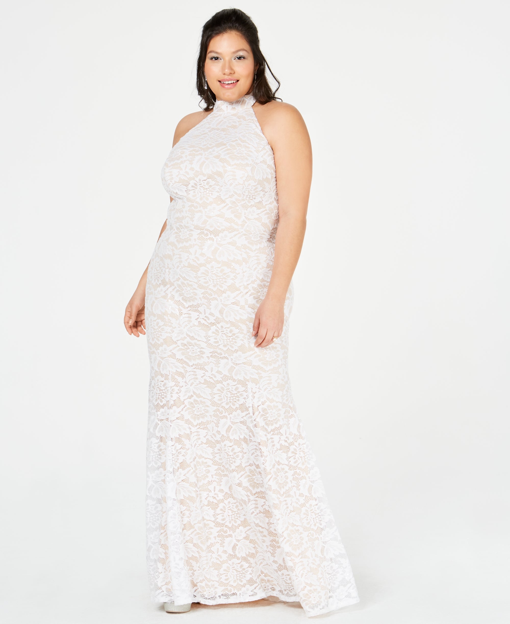 Trendy Plus Size Sequined Lace Halter Gown