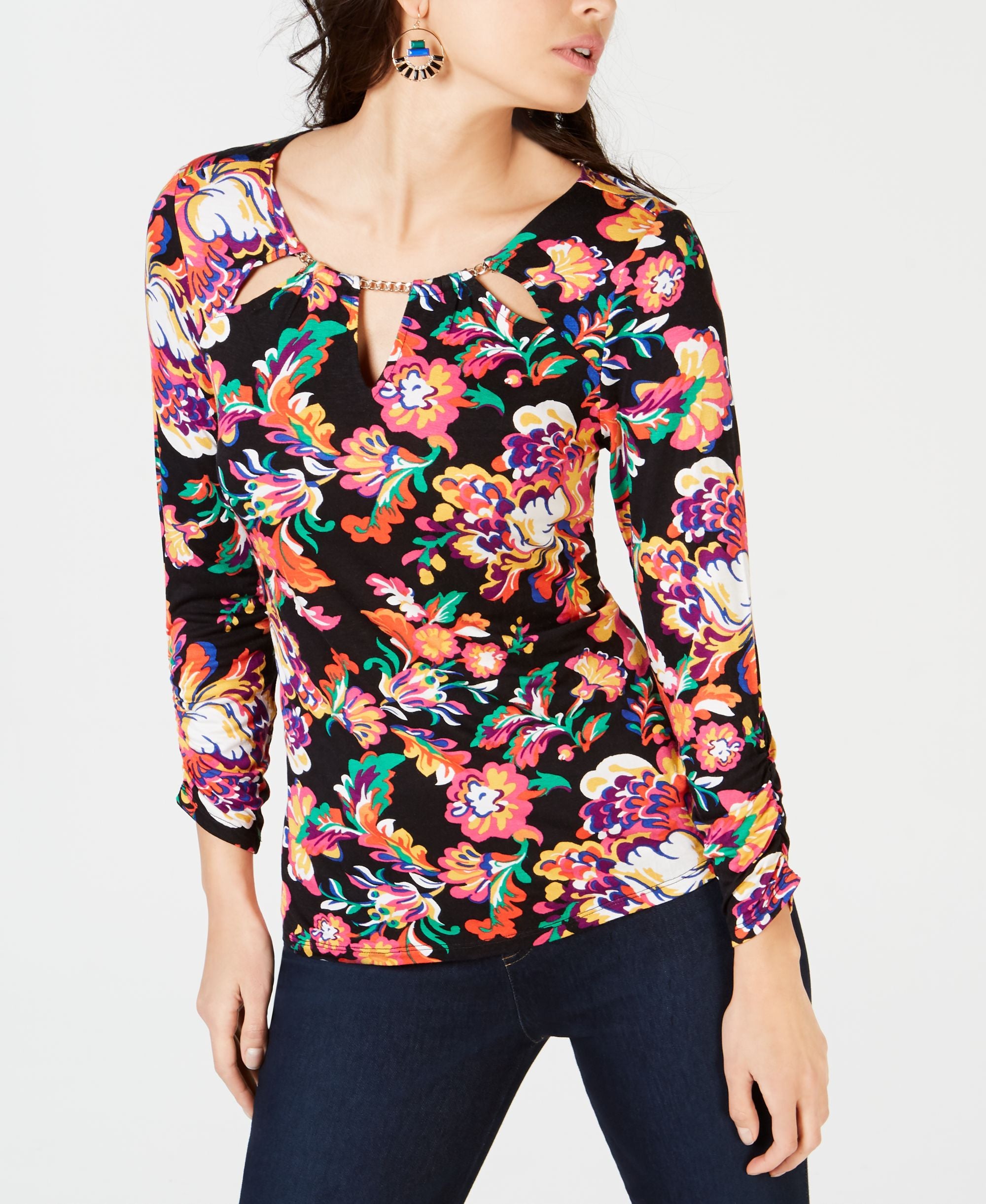 Thalia Sodi Embellished Neck Printed Top