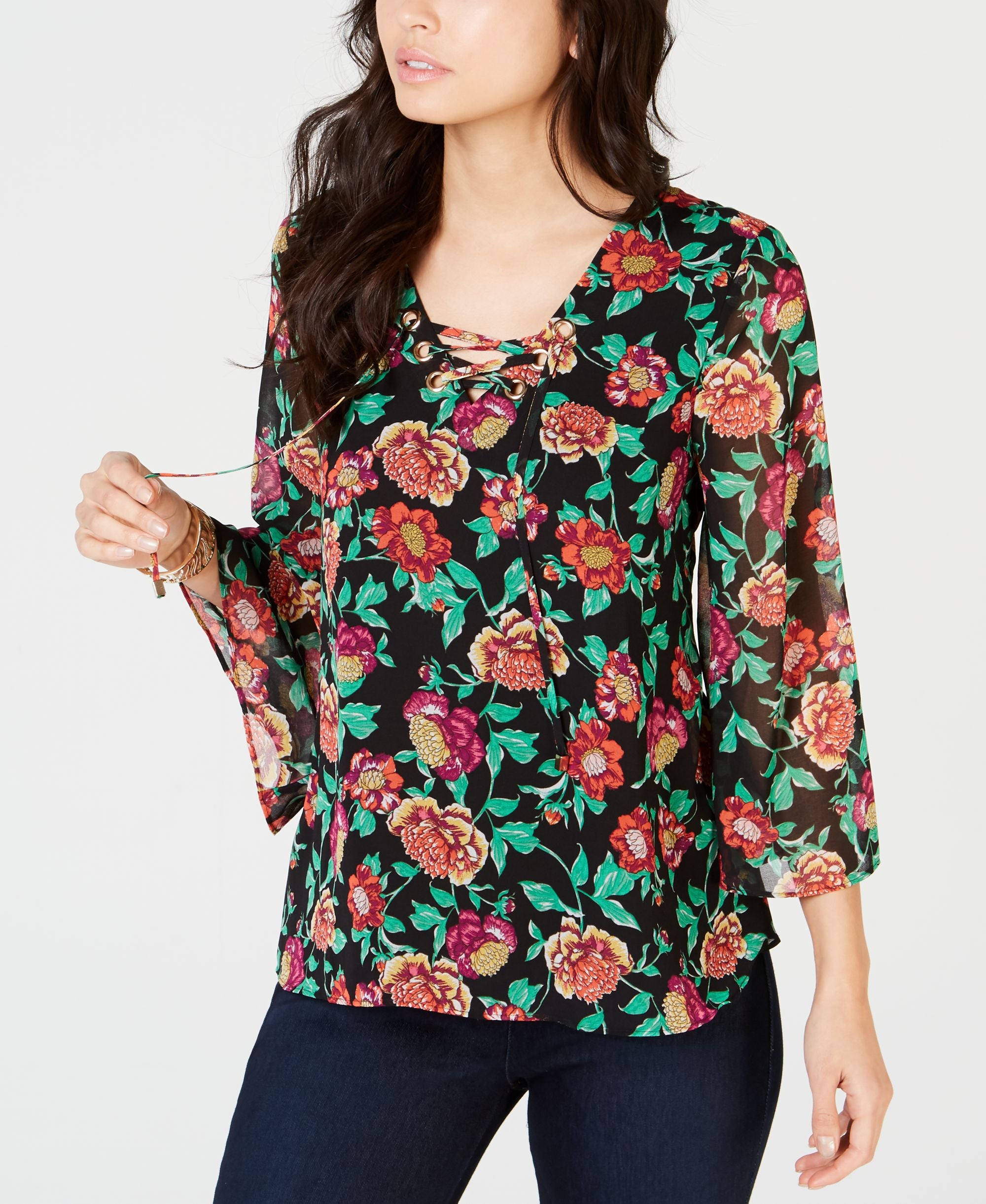 Thalia Sodi Lace Up Printed Top
