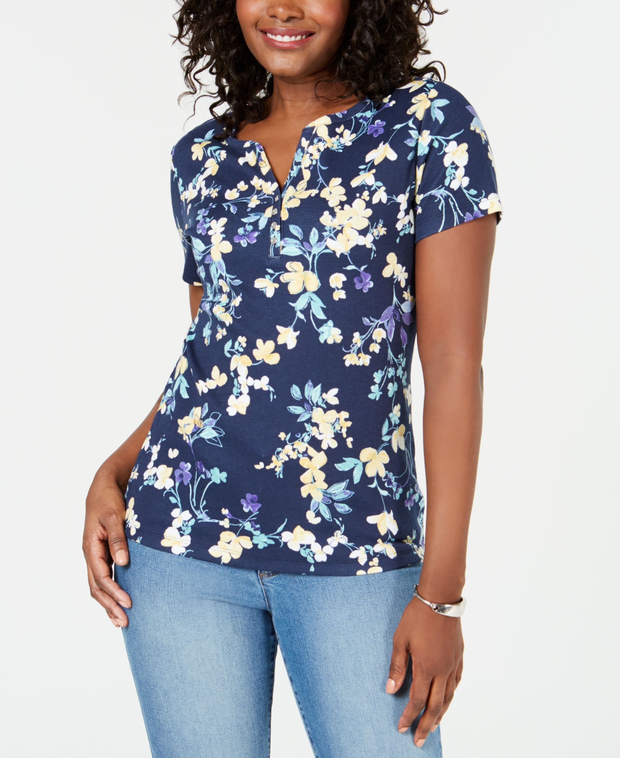 Karen Scott Short Sleeve Floral Print Henley