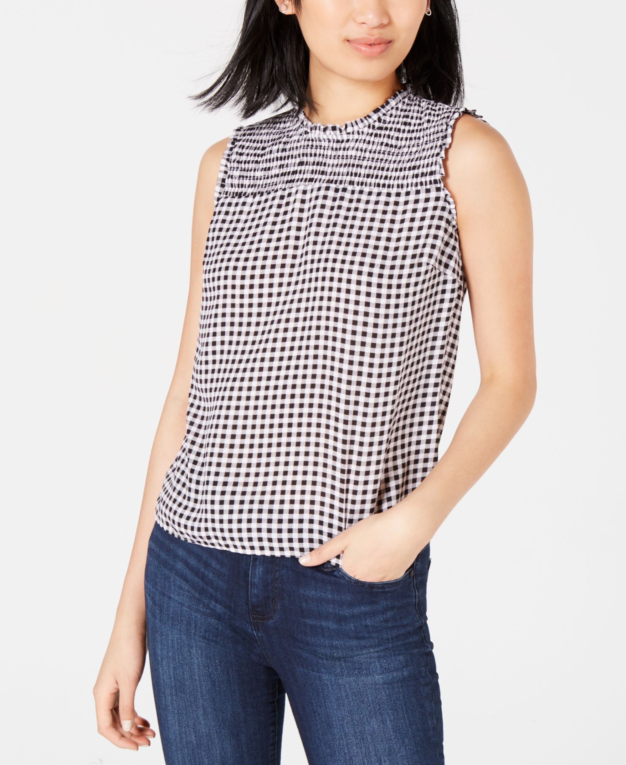 Maison Jules Smocked Ruffled Printed Top