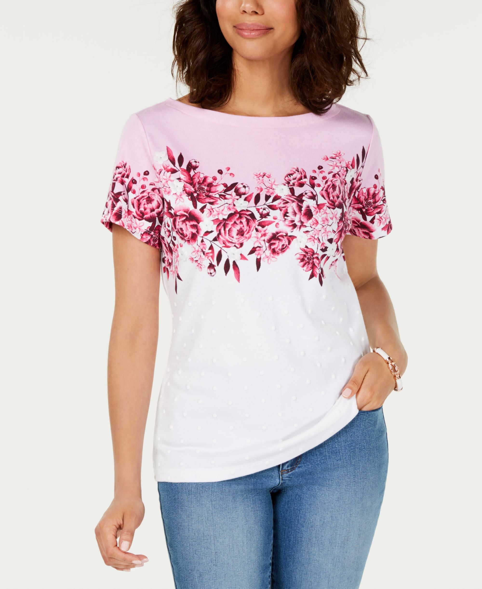 Karen Scott Floral Print Applique Boat Neck T-Shirt