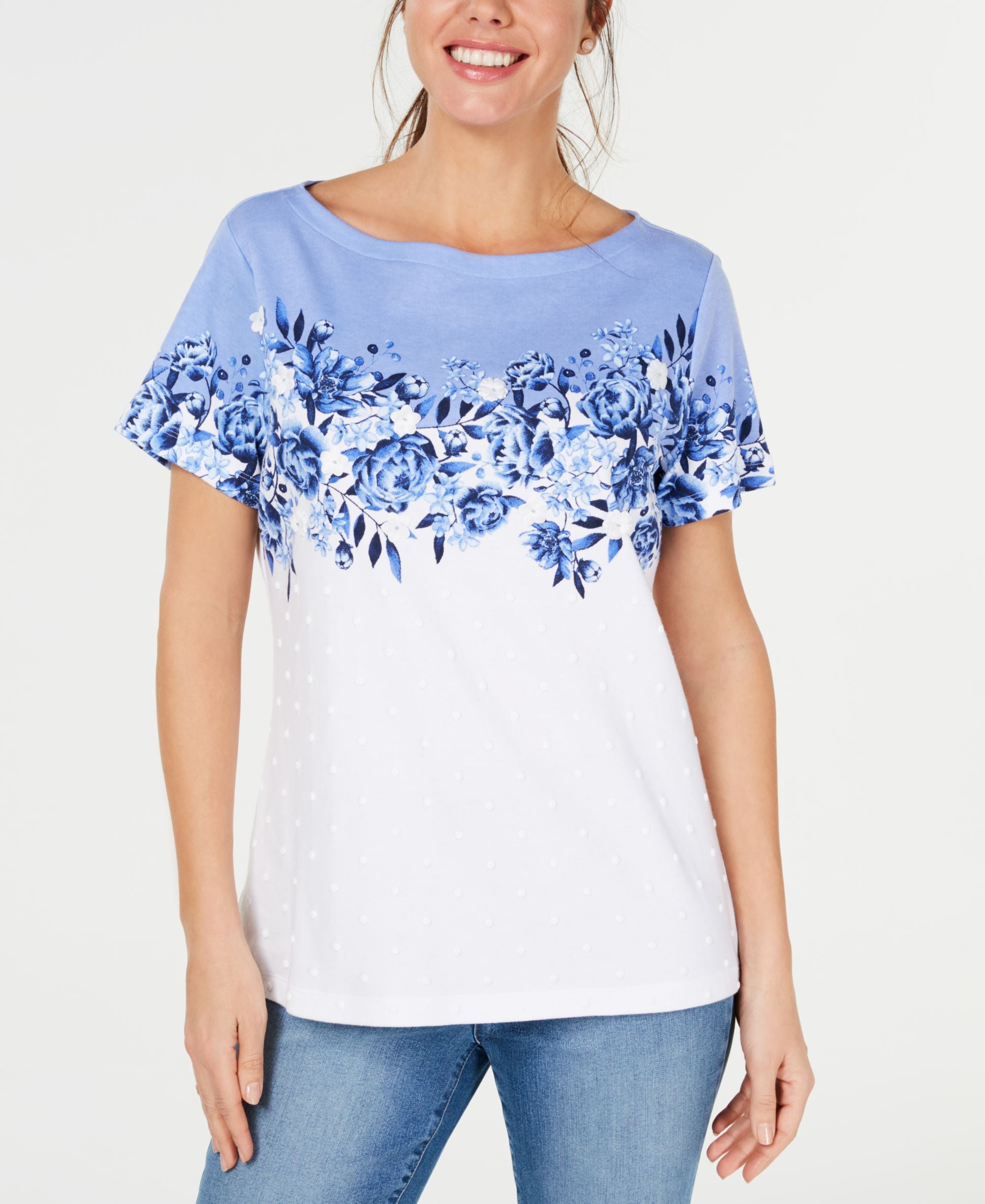 Karen Scott Floral Print Applique Boat Neck T-Shirt