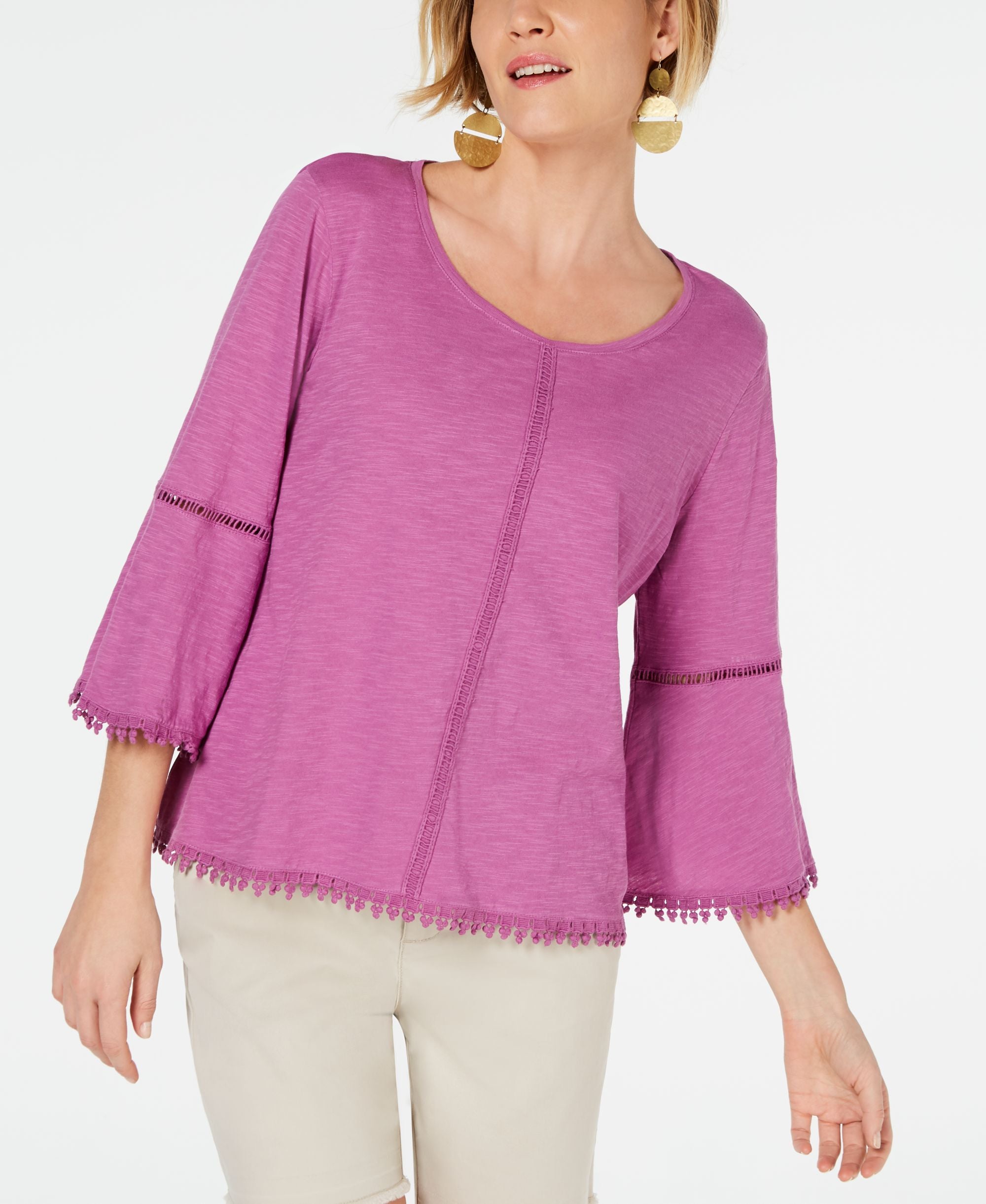 Style & Co Crochet Trim Bell Sleeve Top