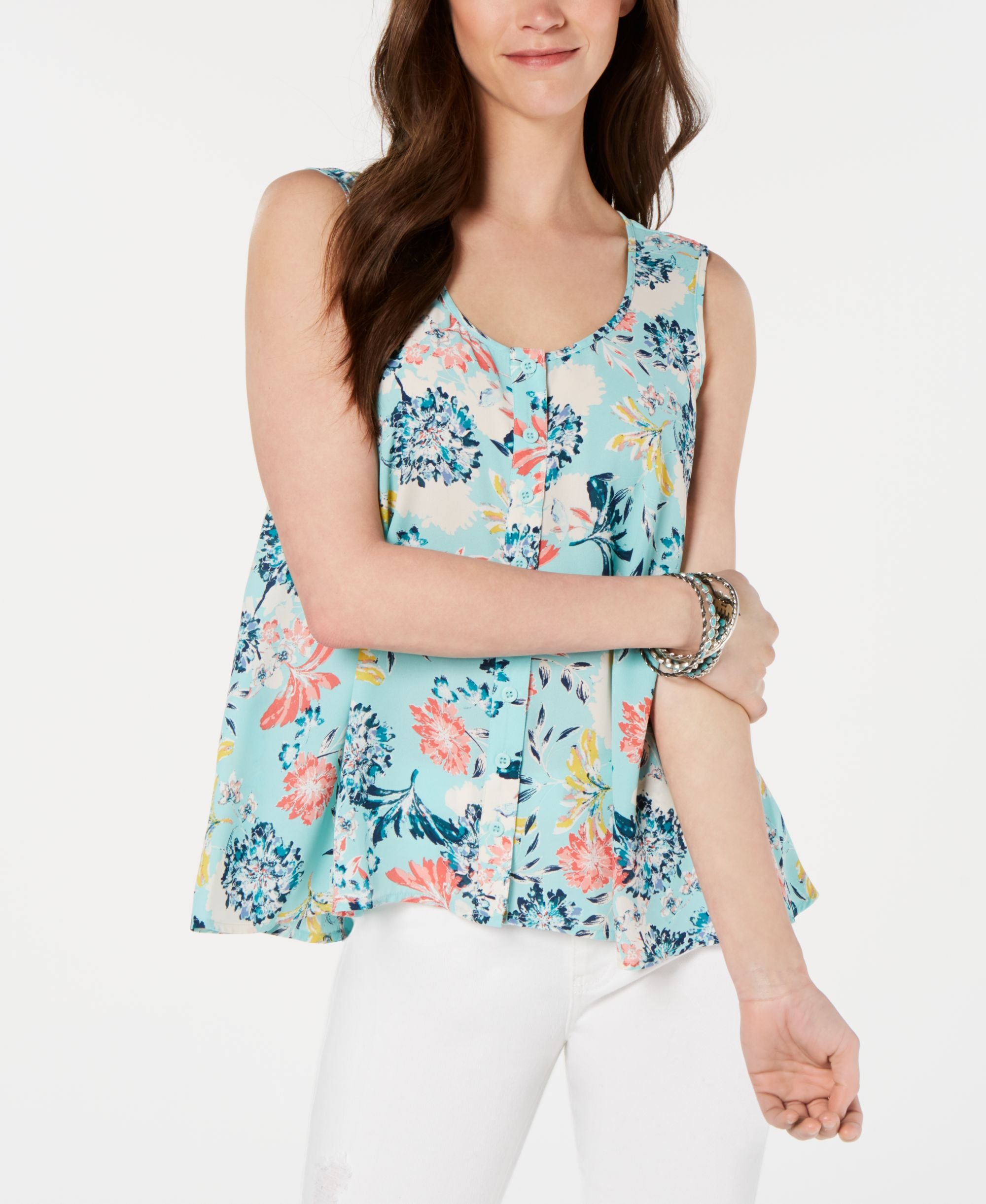 Style & Co Printed Sleeveless High Low Swing Top