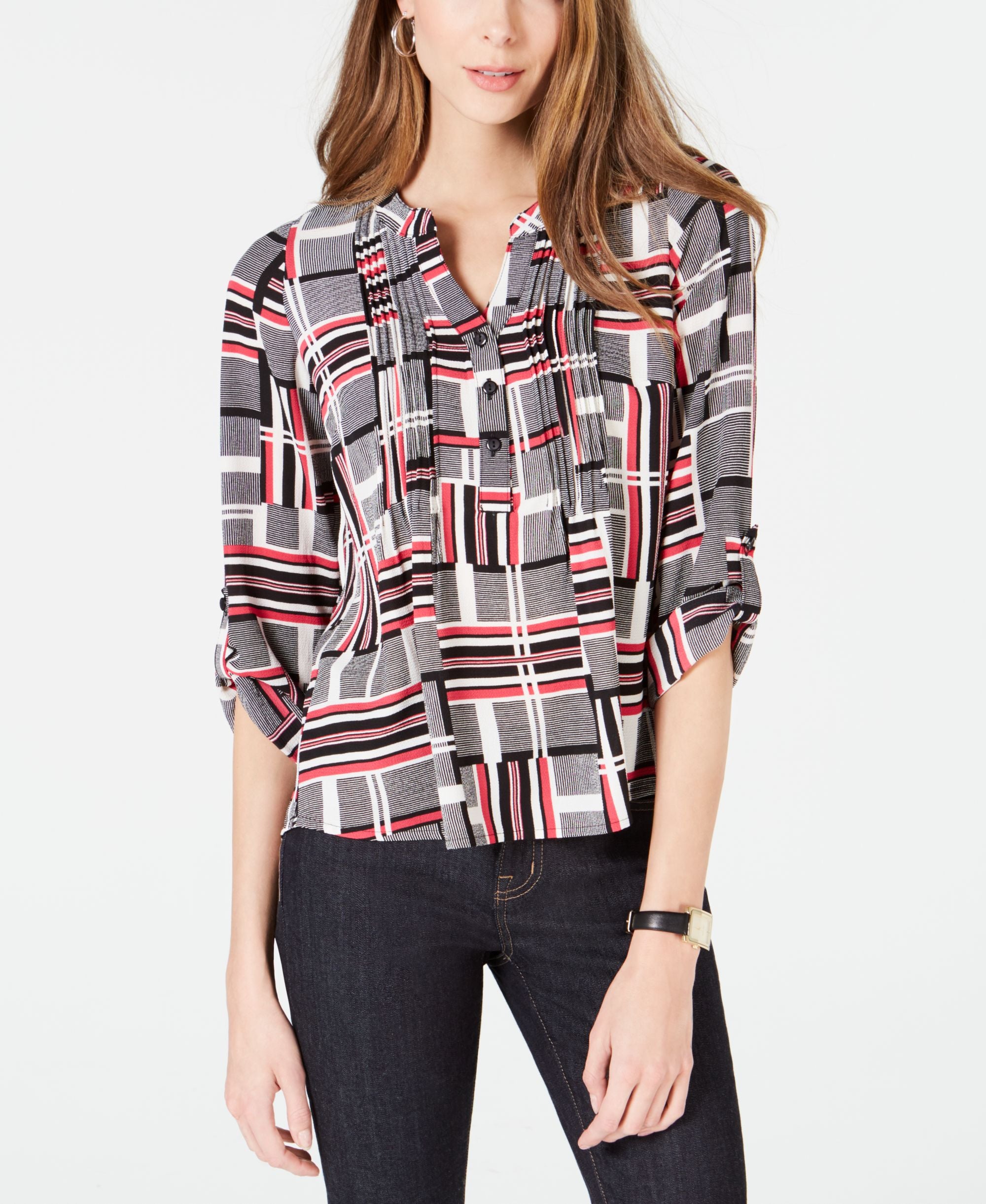 NY Collection Petite Printed Pleat Front Utility Top