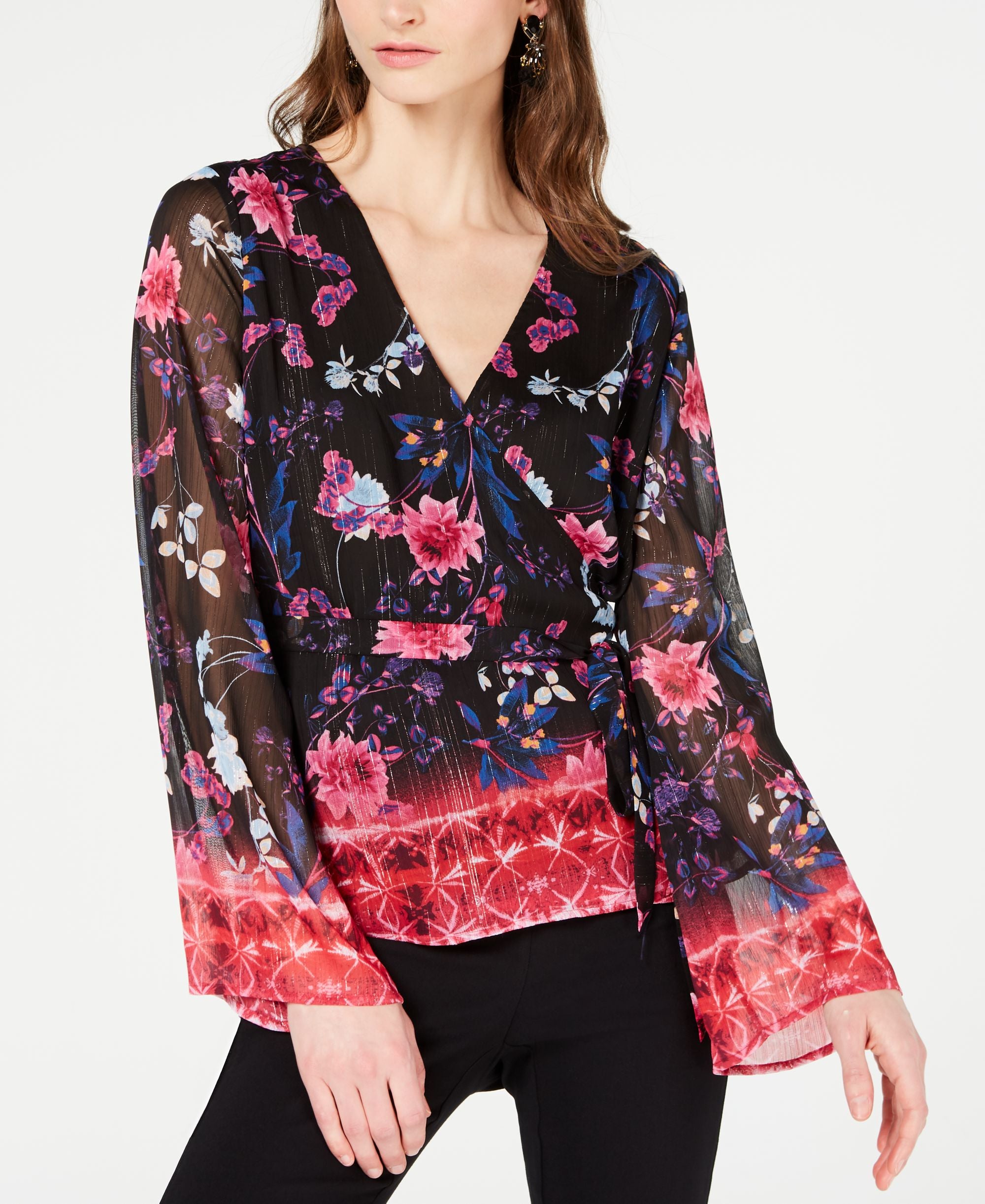 Printed Bell Sleeve Wrap Top