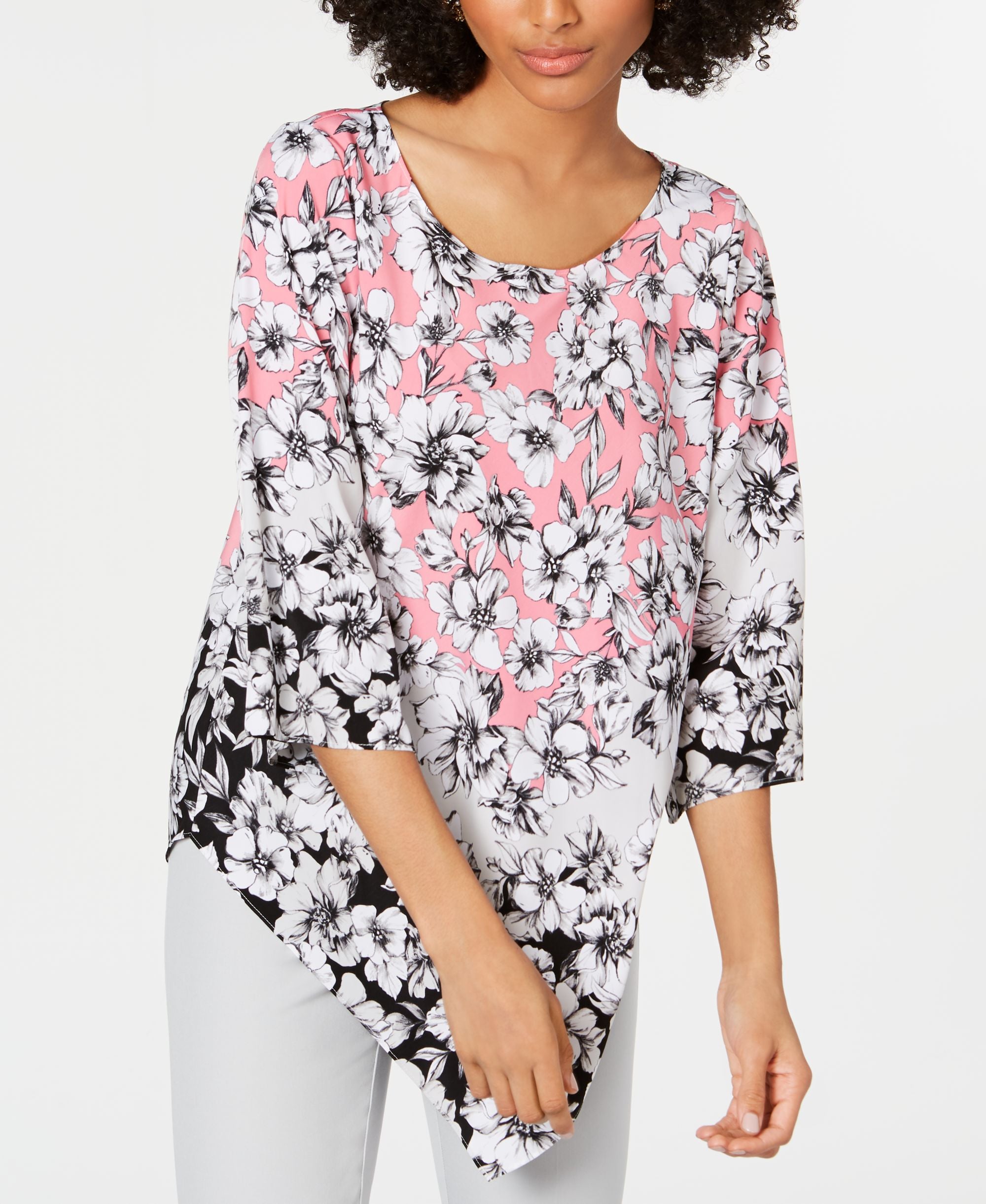 Alfani Petite 3/4-Sleeve Printed V Bottom Top Pink Sketchbook Movement P/M