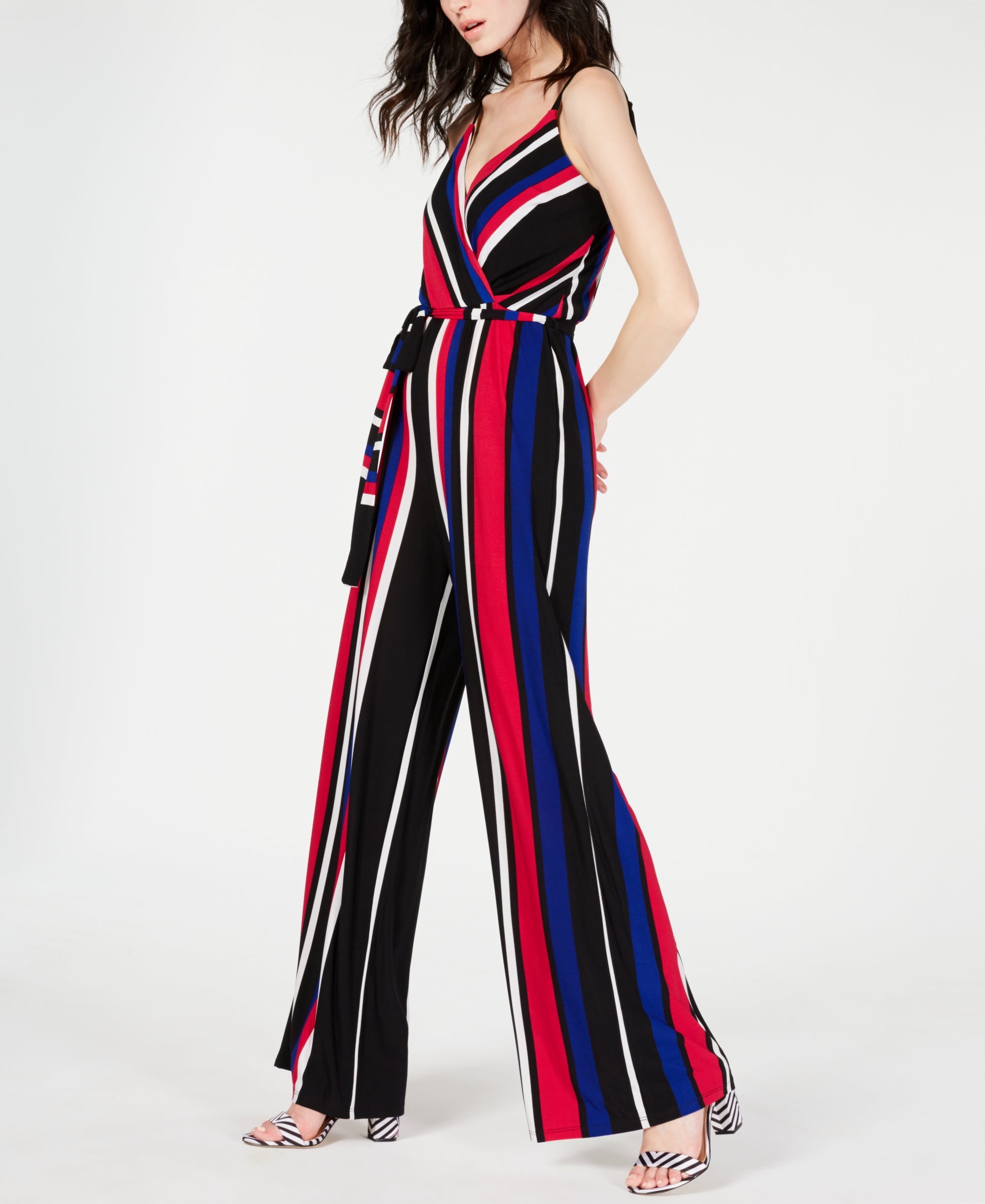 INC Sleeveless Surplice Striped Jumpsuit