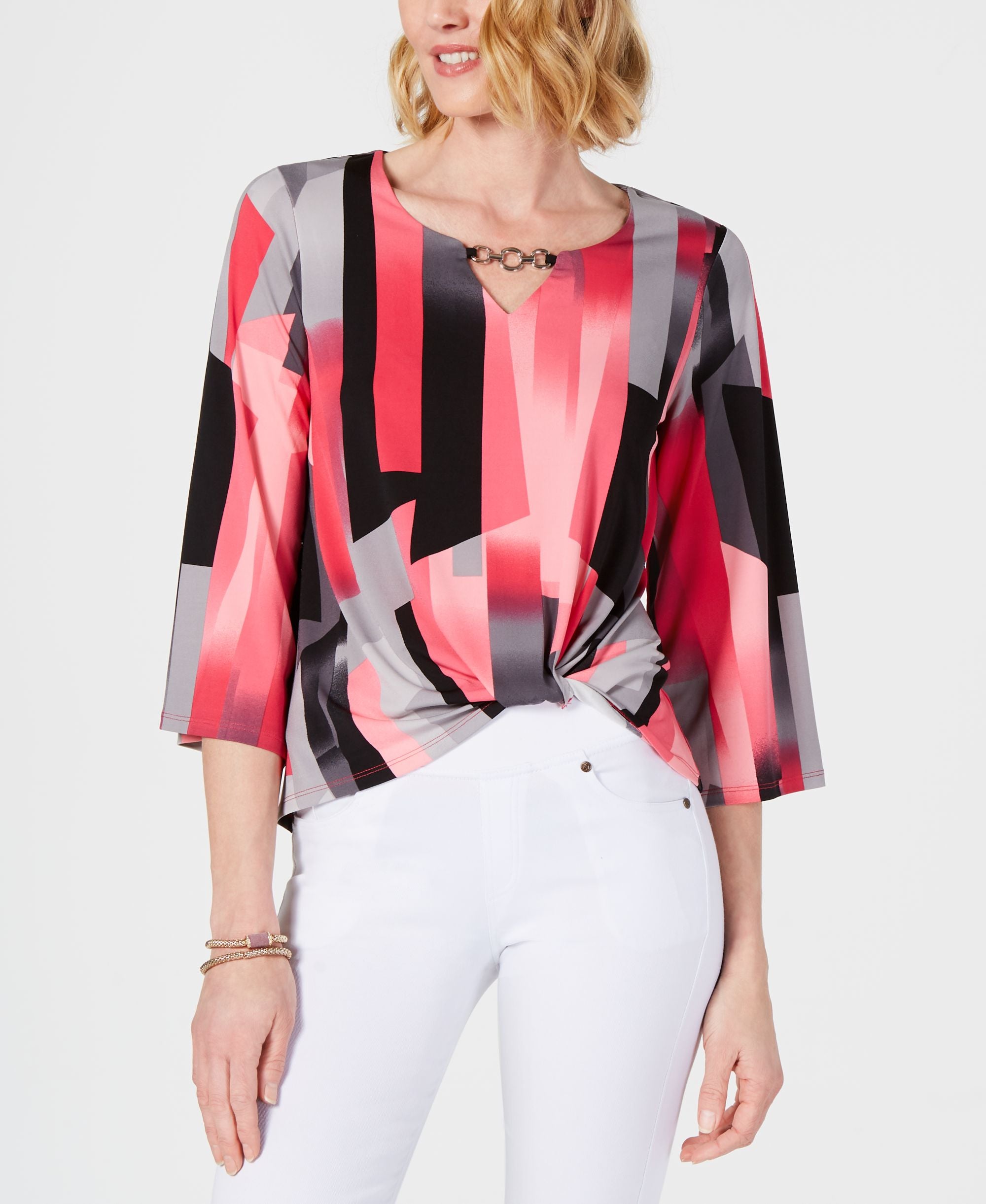 JM Collection Petite Printed Twist Front Top