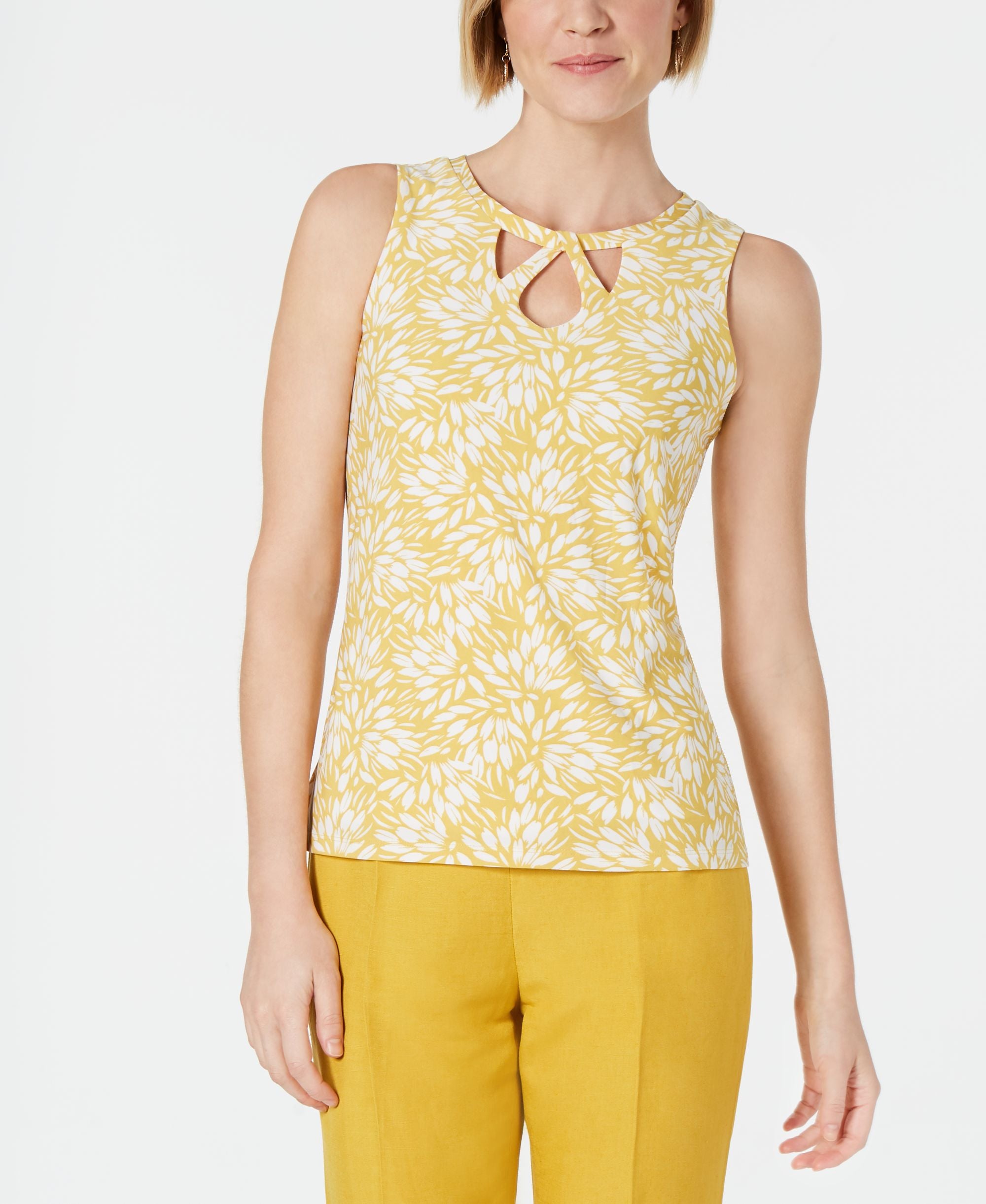 Kasper Printed Cutout Neck Top
