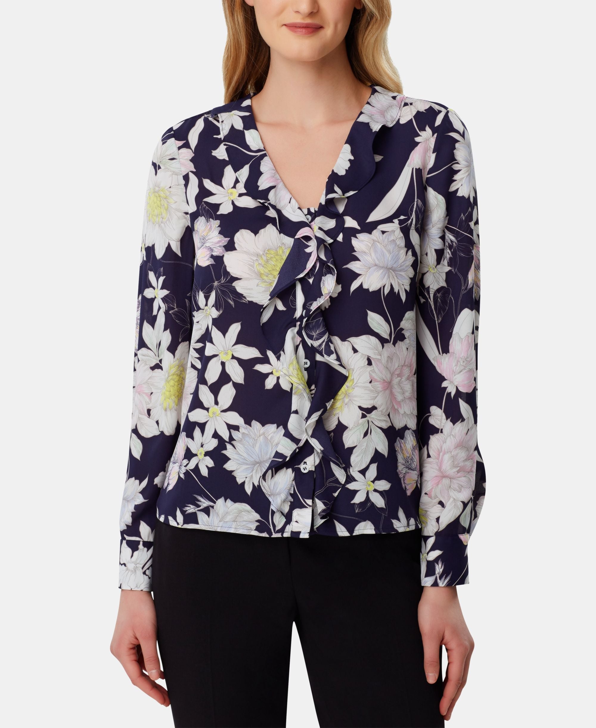 Tahari Asl Printed Ruffled Blouse