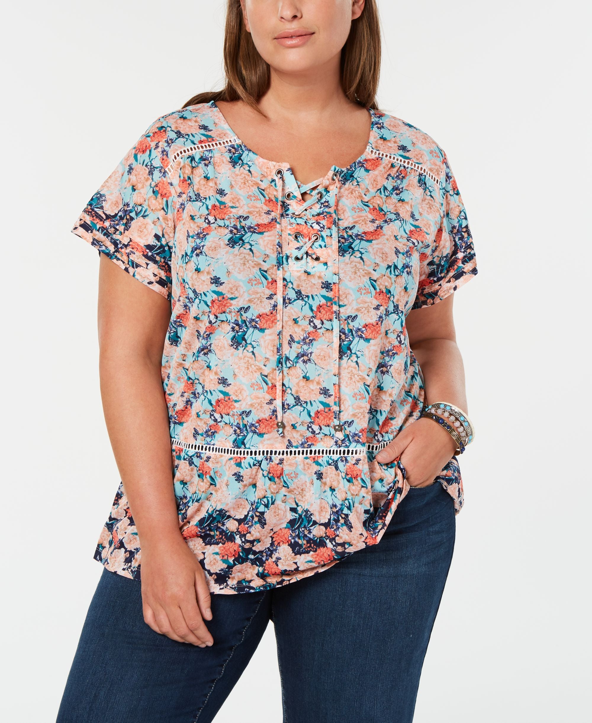 Style & Co Plus Size Floral Print Ladder Trim Top