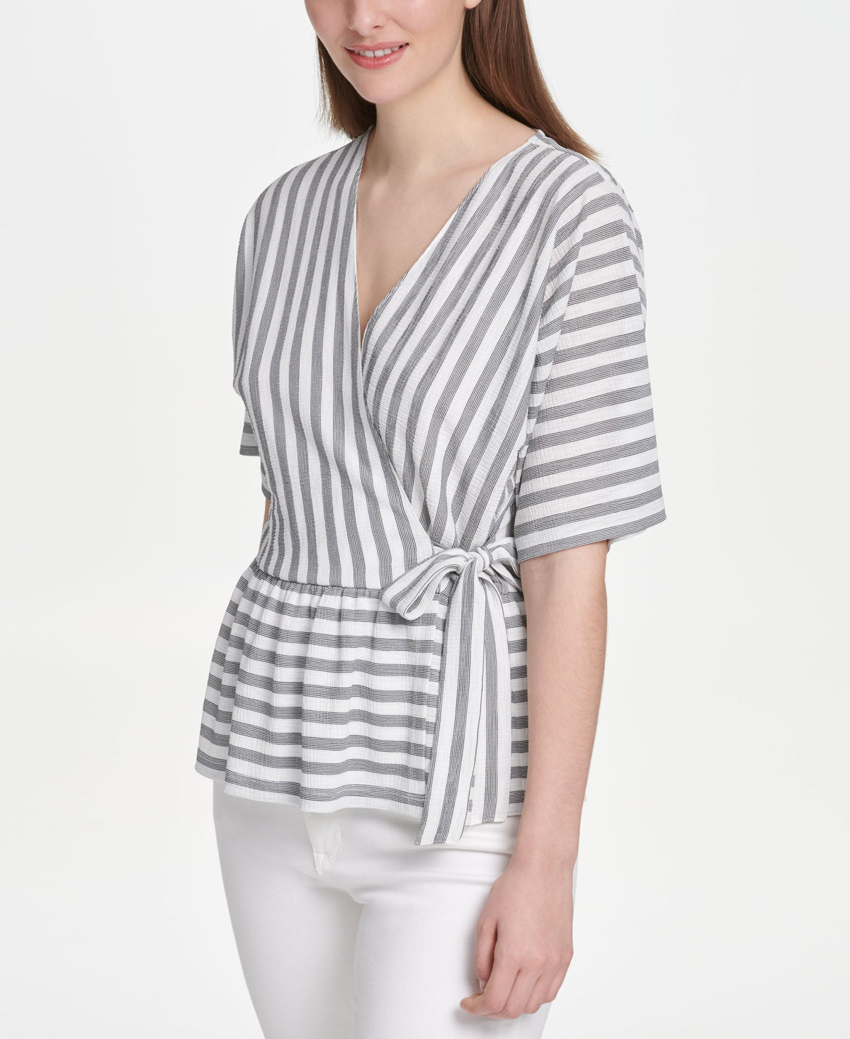 DKNY Striped Faux Wrap Top