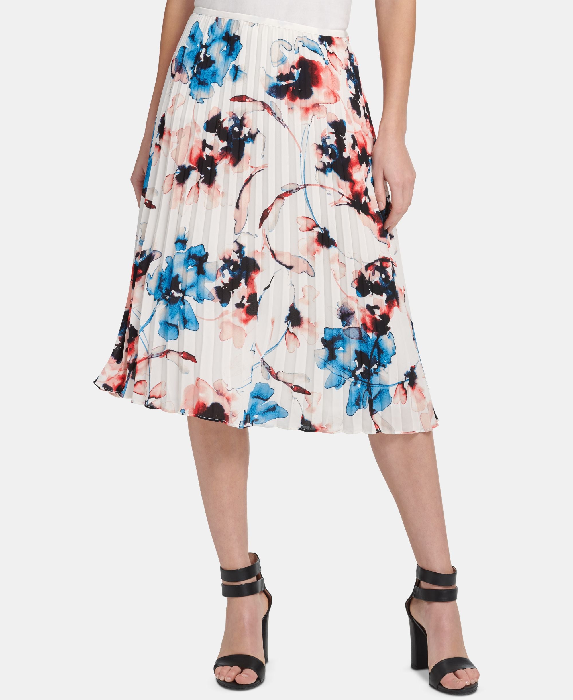 DKNY Floral Print Pleated Midi Skirt