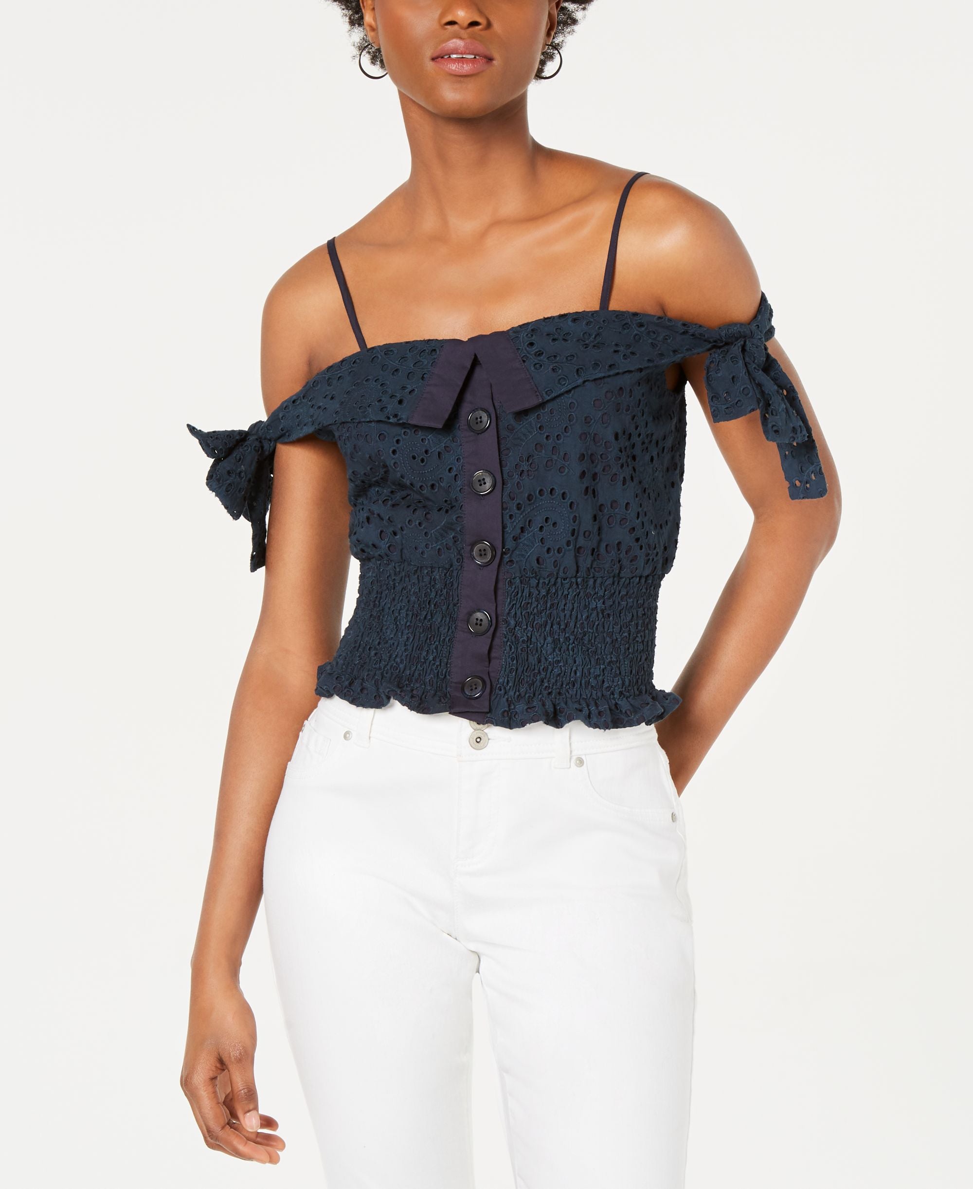 Cotton Eyelet Cold-Shoulder Top