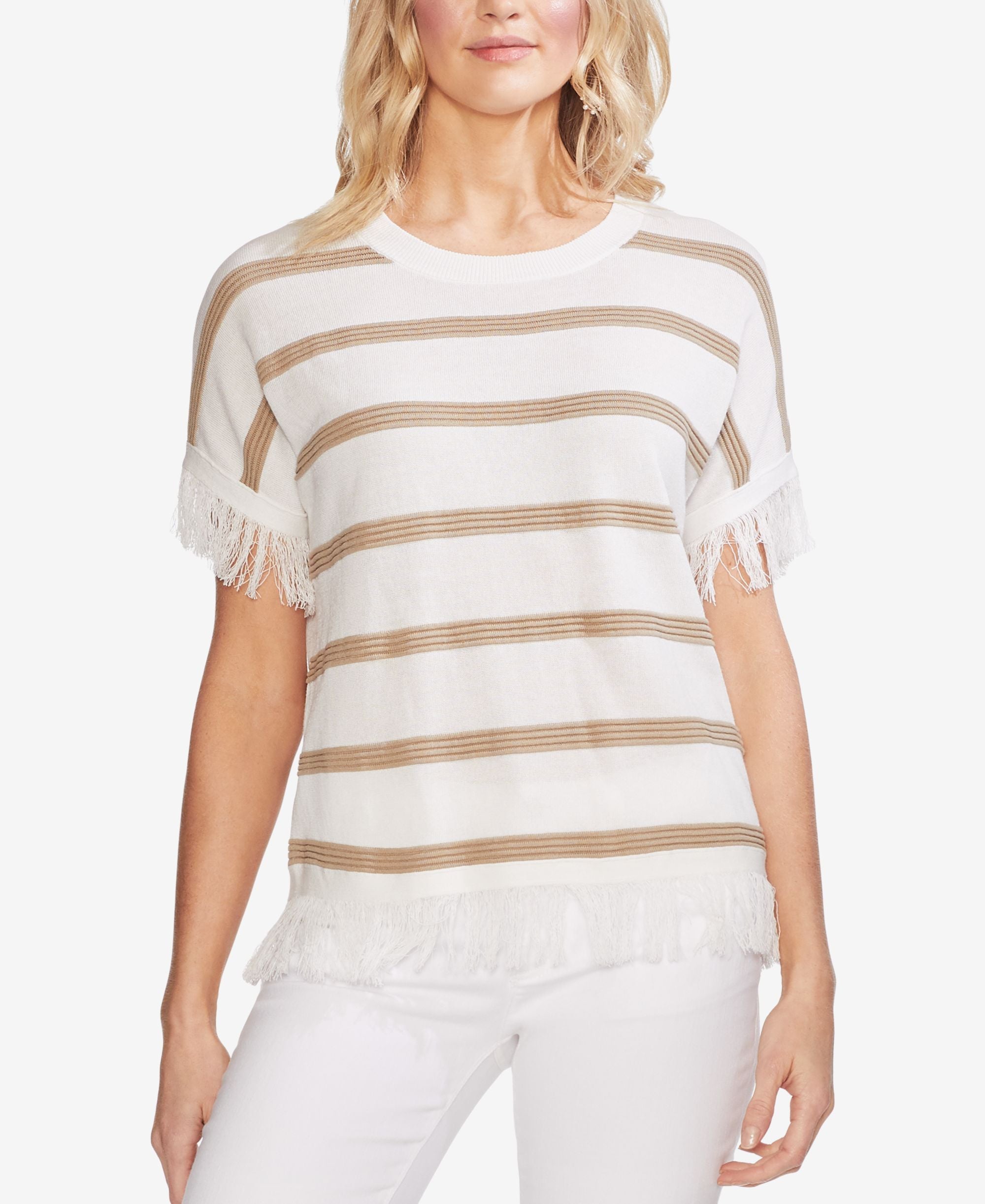 Vince Camuto Striped Fringe Trim Sweater