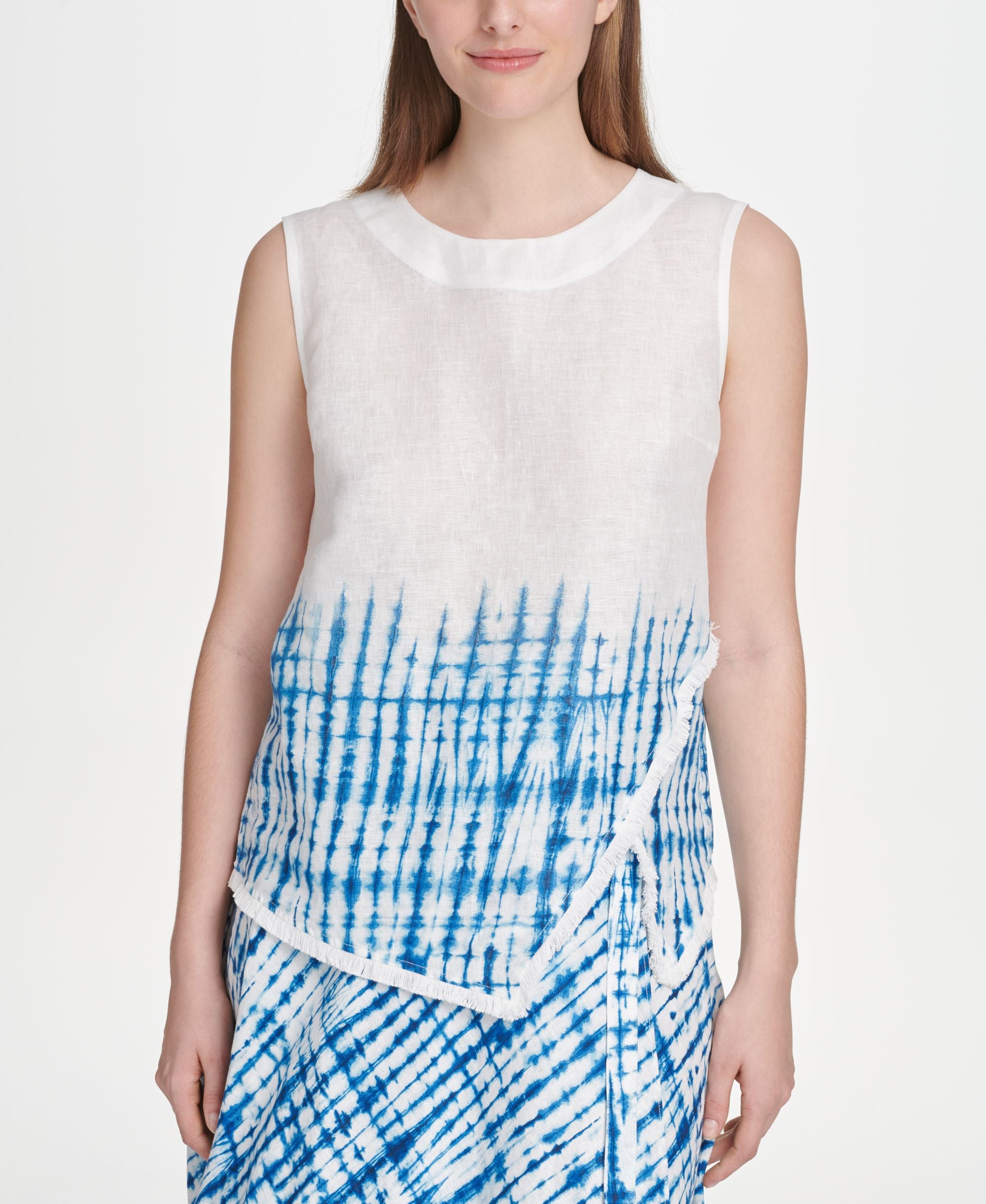 DKNY Printed Fringed Hem Asymmetrical Top
