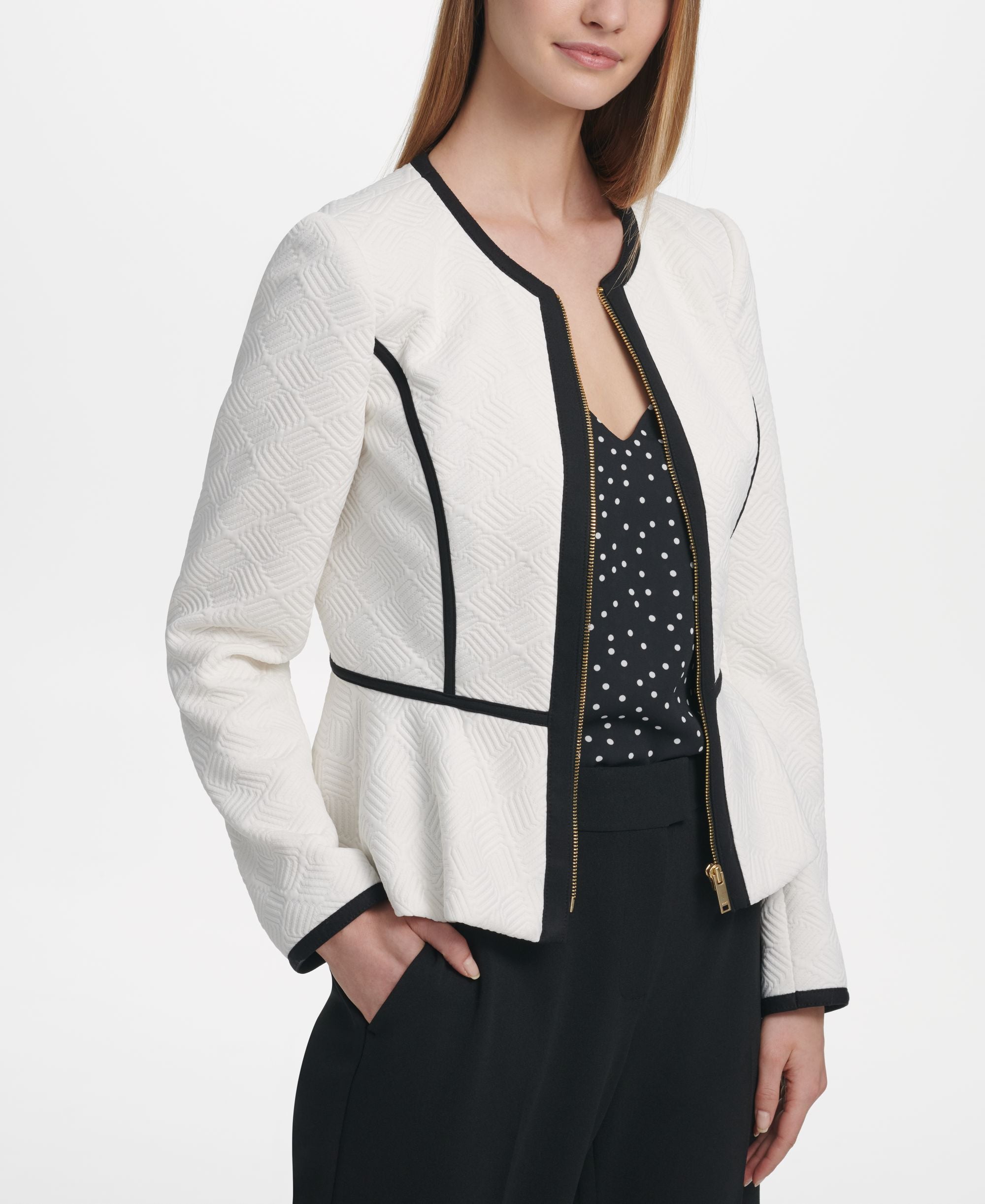 DKNY Petite Quilted Knit Zip Up Peplum Jacket