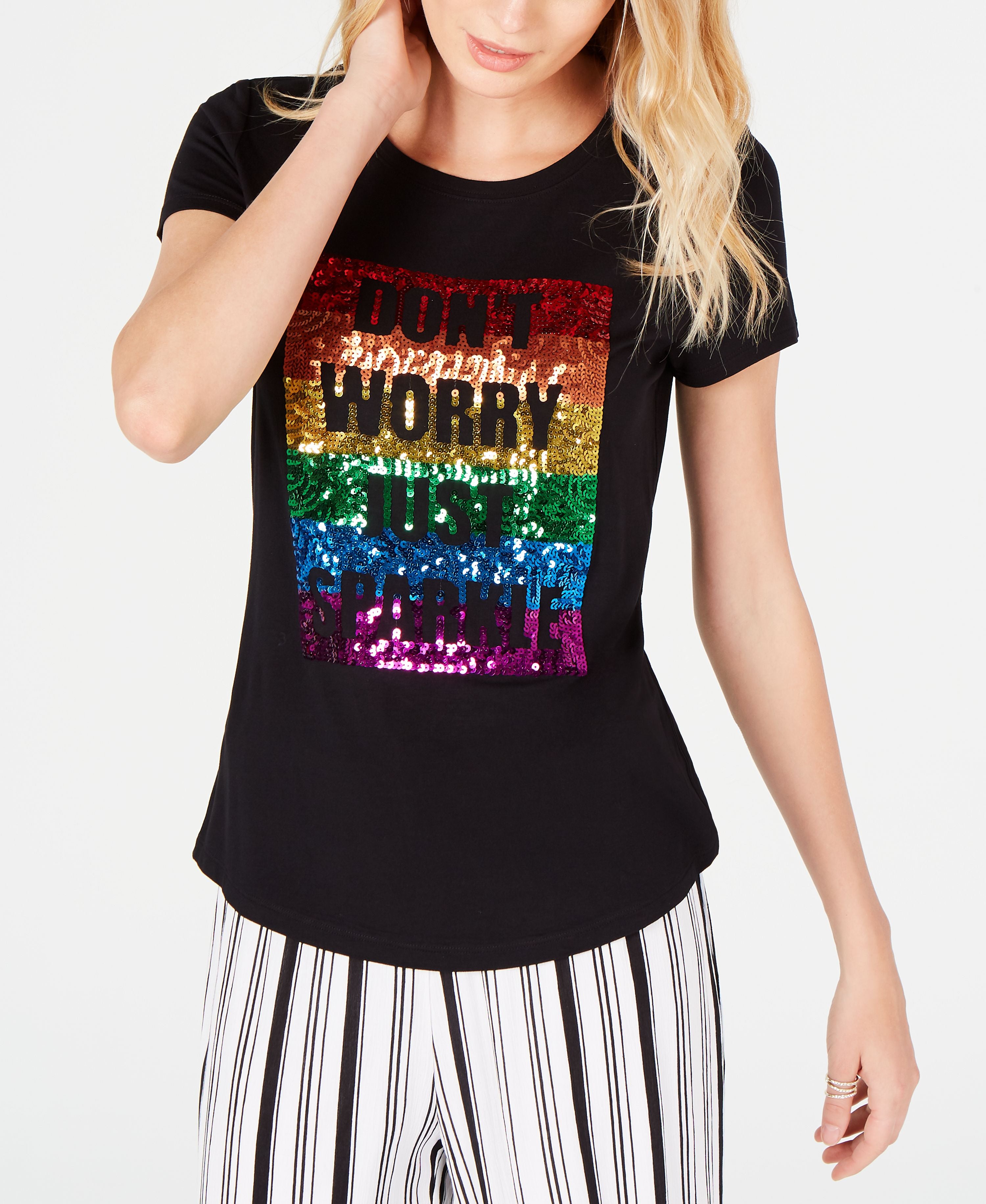 I.n.c. Don't Worry Just Sparkle Pride Rainbow T-Shirt Deep Black M