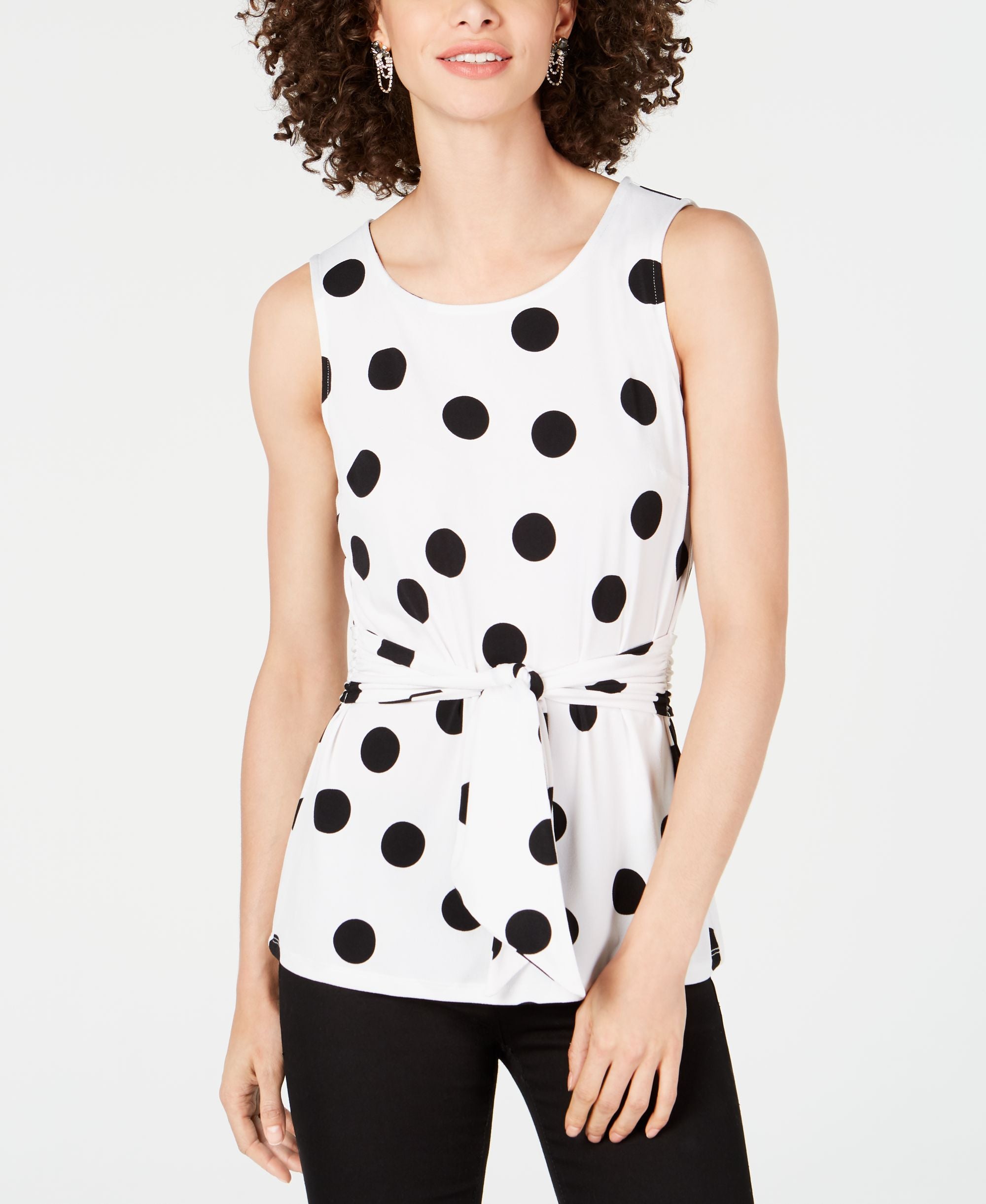 Petite Dot Print Tie Front Top