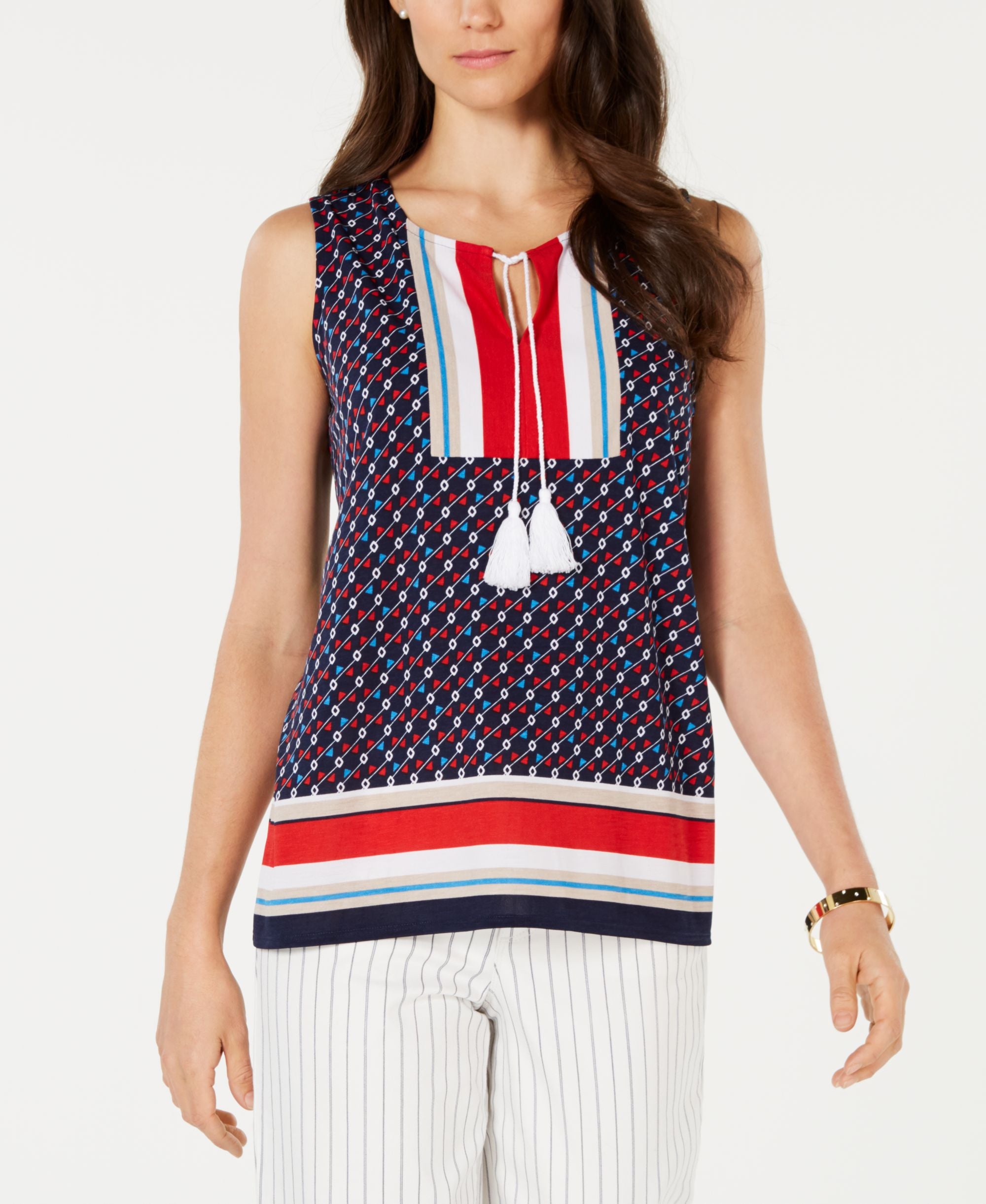 Charter Club Printed Tassel Tie Sleeveless Top