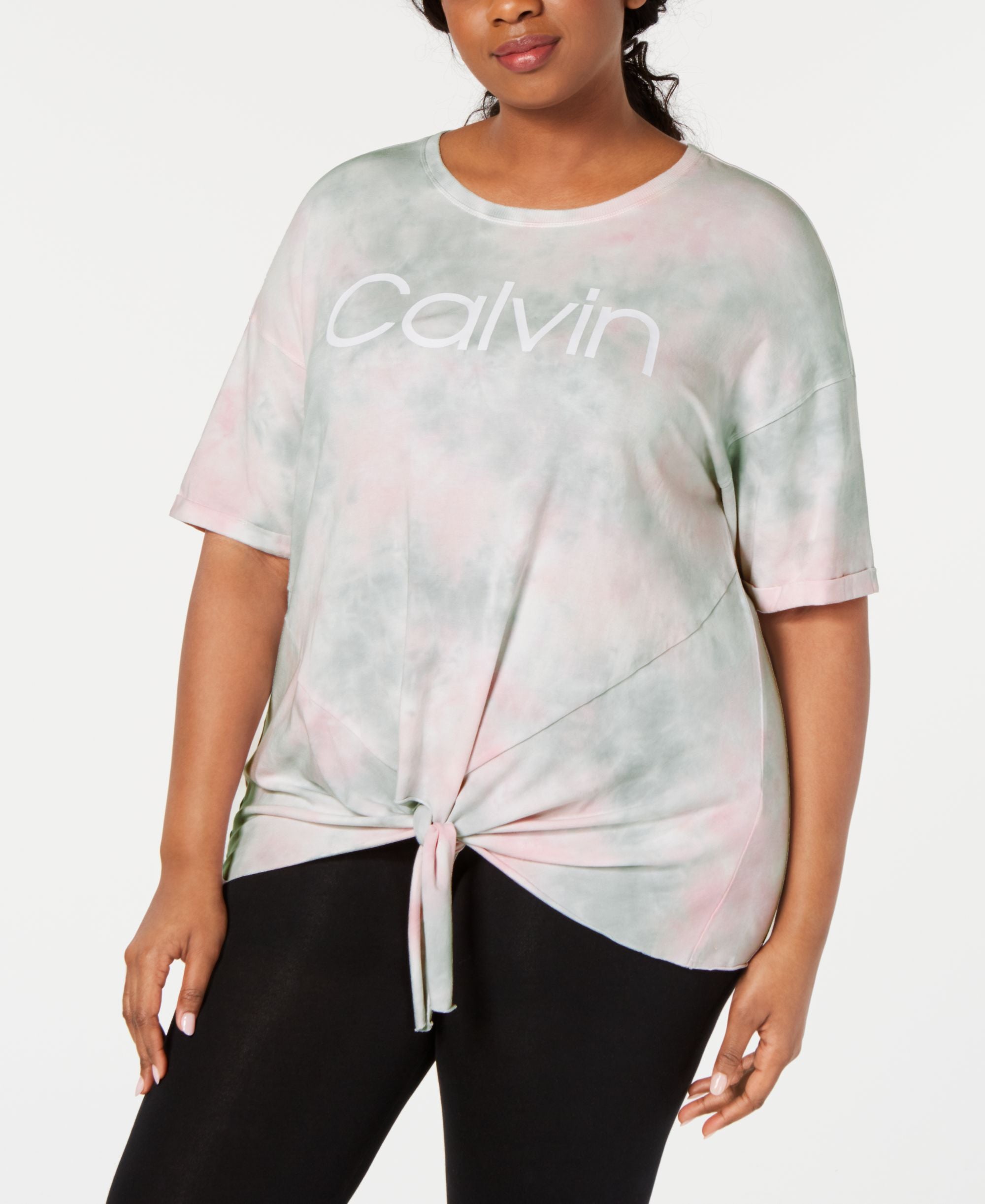 Calvin Klein Performance Plus Size Tie Dyed Logo Tie Front T-Shirt